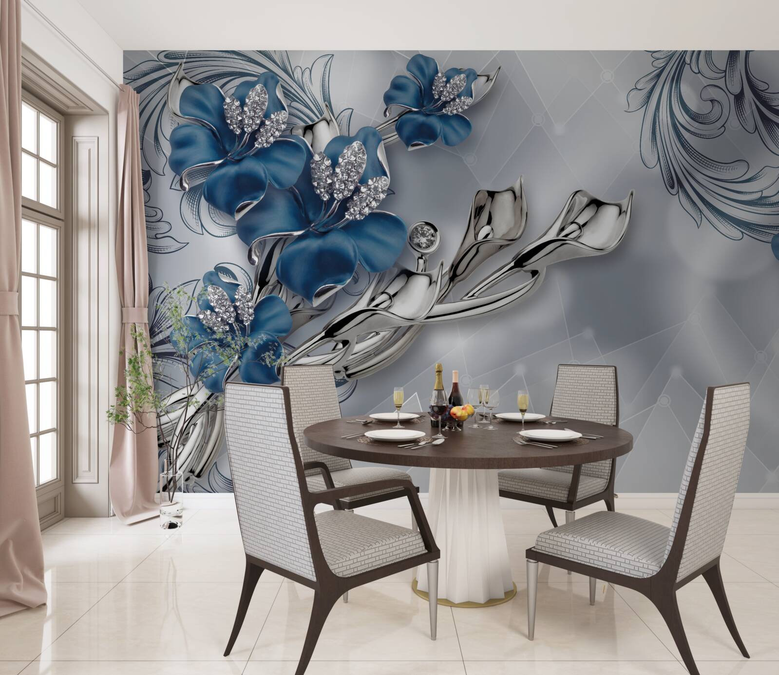 Papier peint lys bleu royal sur fond argenté