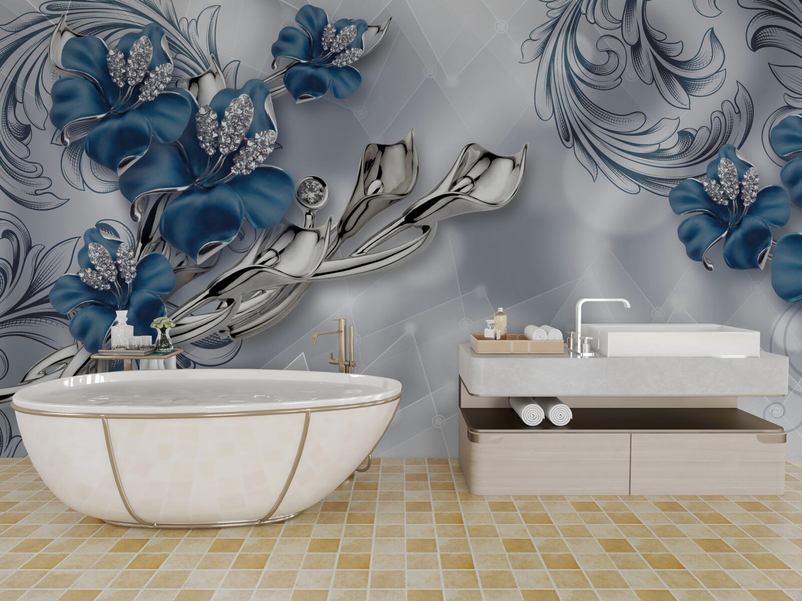 Papier peint lys bleu royal sur fond argenté