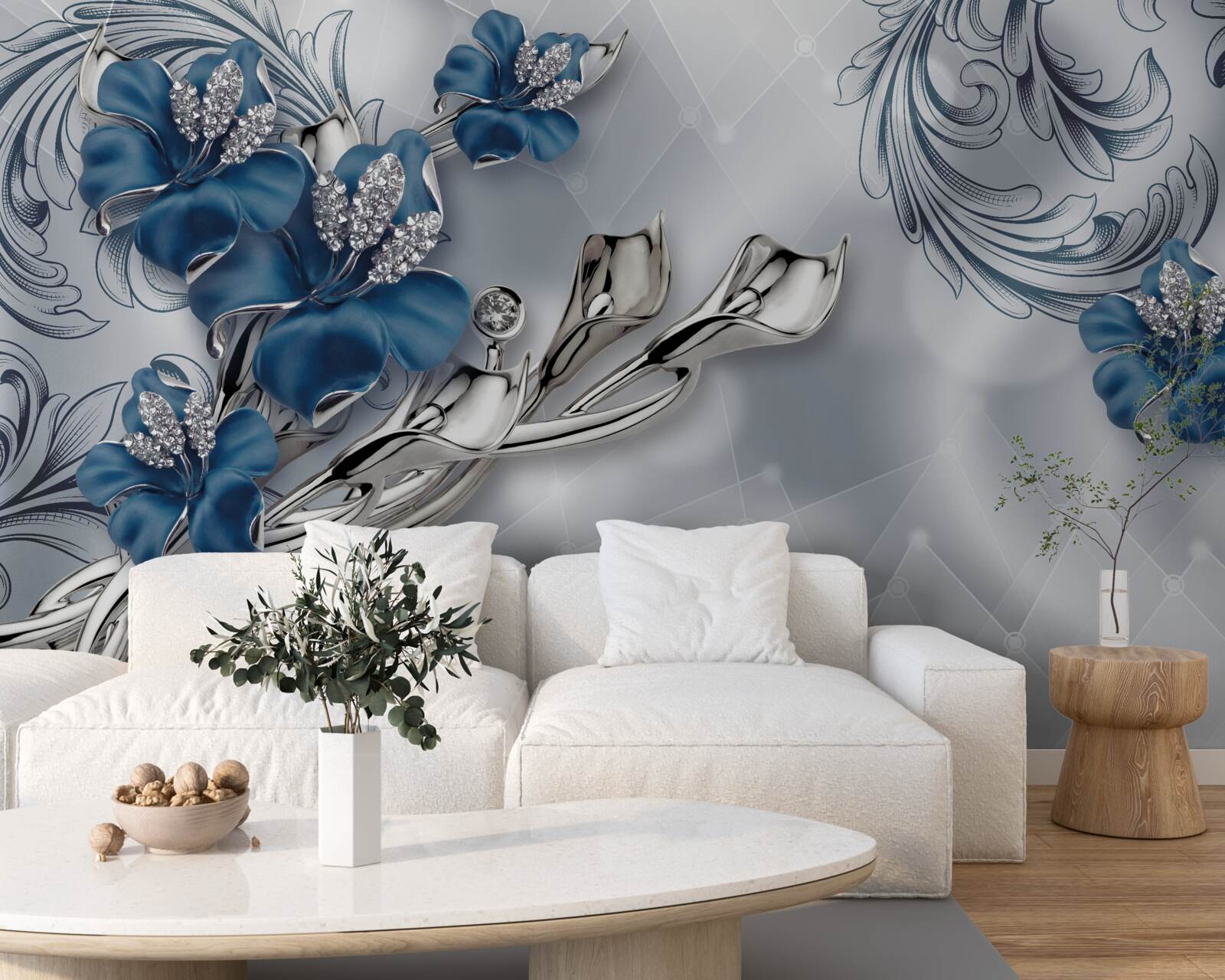 Papier peint lys bleu royal sur fond argenté