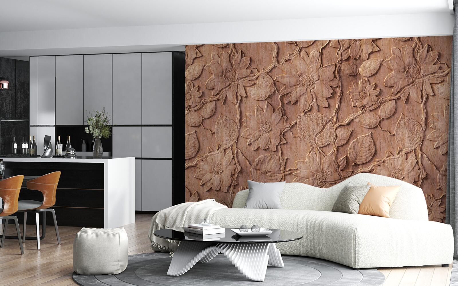 Papier peint fleurs ornementales brunes