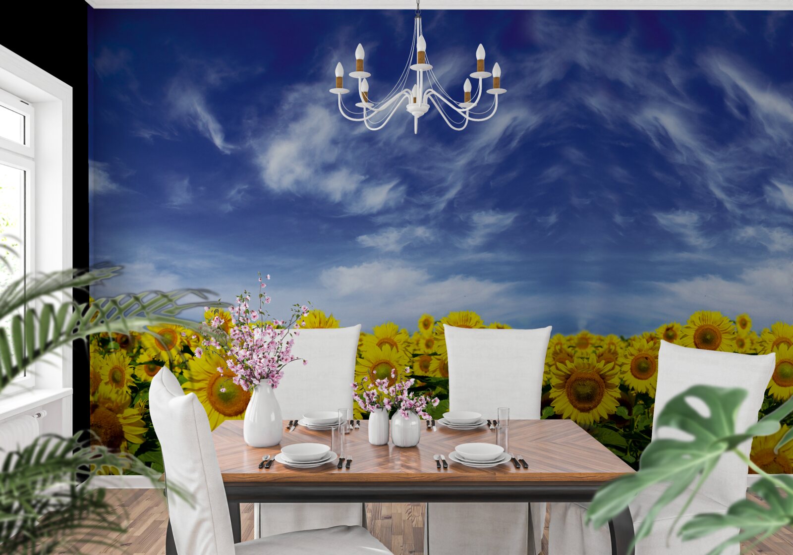 Papier peint ciel bleu sur un champ de tournesols