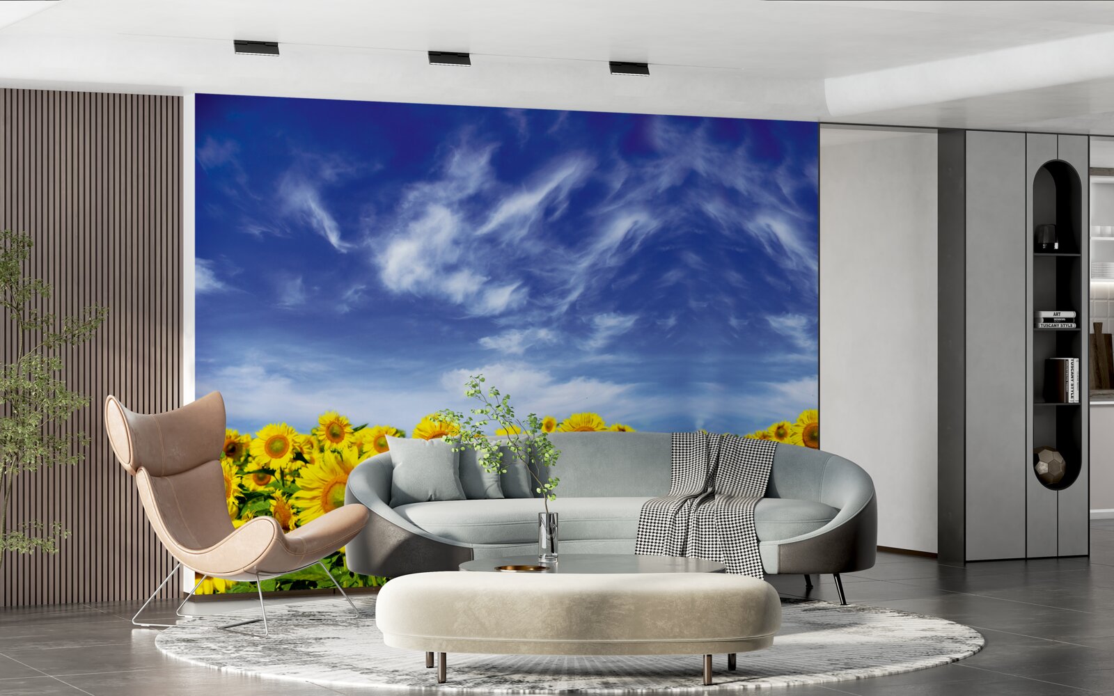 Papier peint ciel bleu sur un champ de tournesols