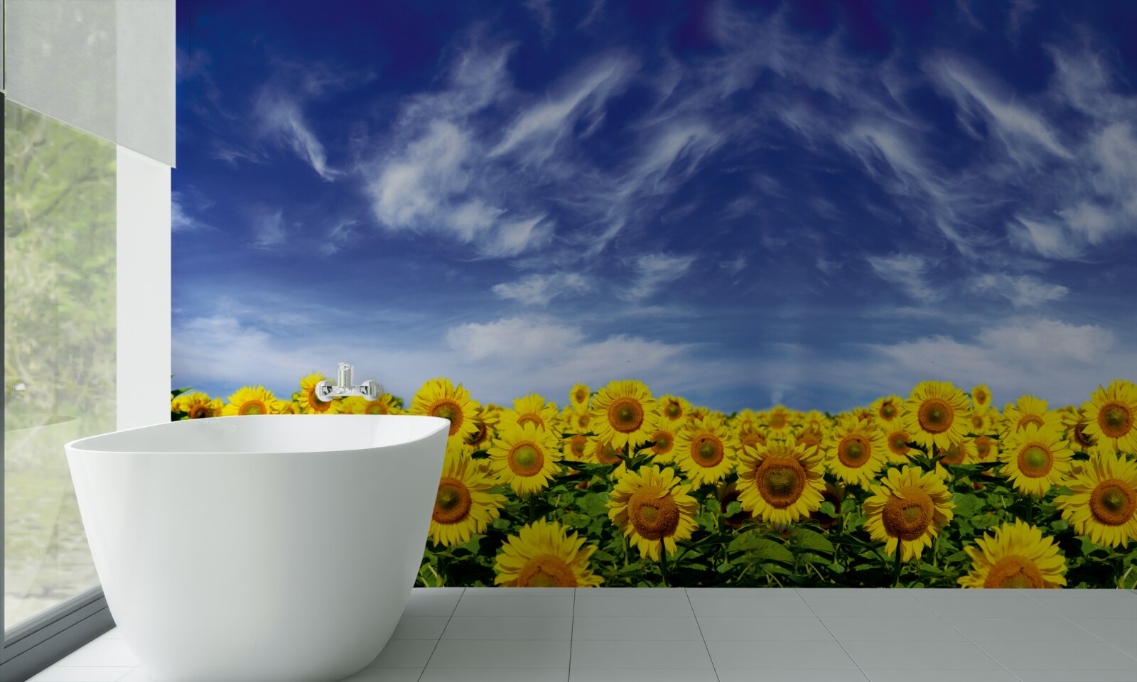 Papier peint ciel bleu sur un champ de tournesols