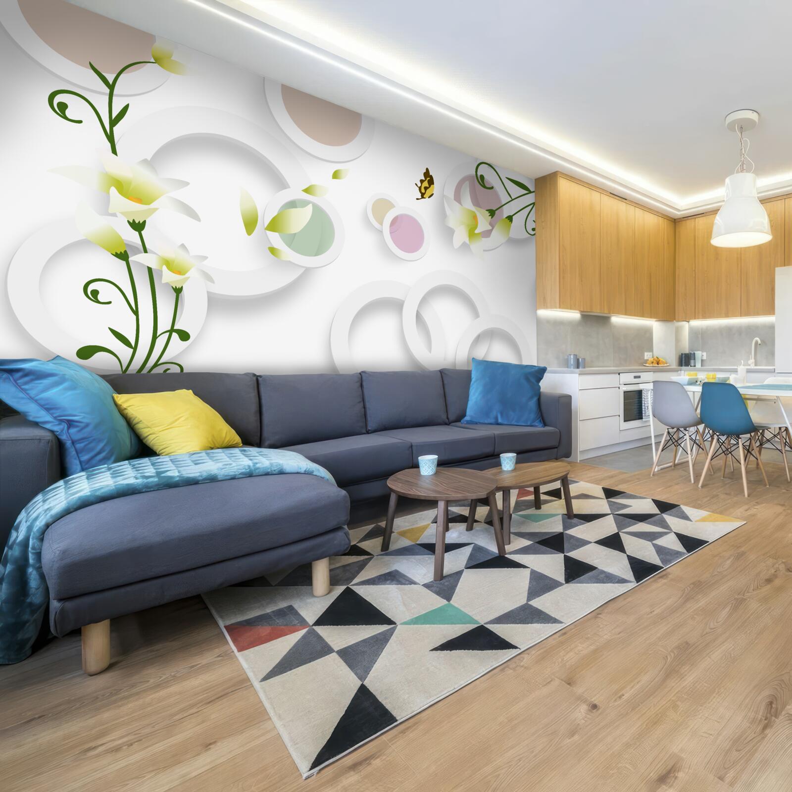 Papier peint les branches sont vertes avec des bourgeons jaunes et des parties arrondies