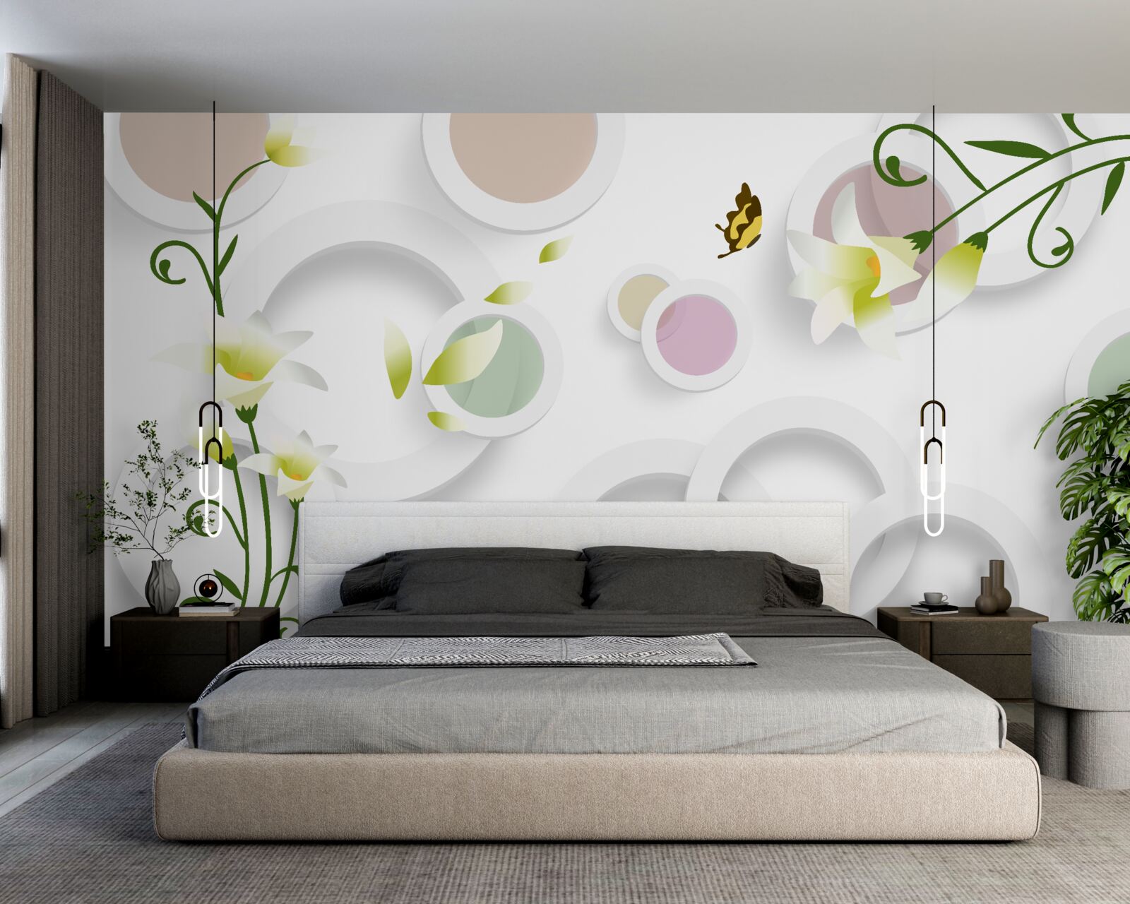 Papier peint les branches sont vertes avec des bourgeons jaunes et des parties arrondies