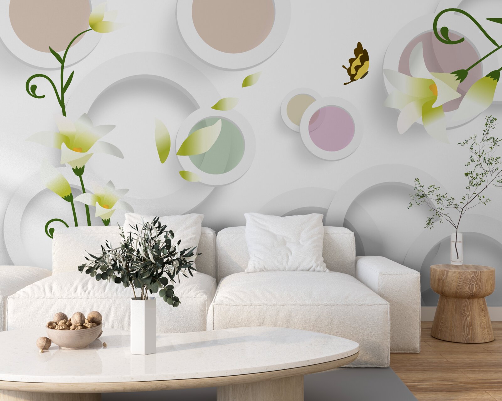 Papier peint les branches sont vertes avec des bourgeons jaunes et des parties arrondies