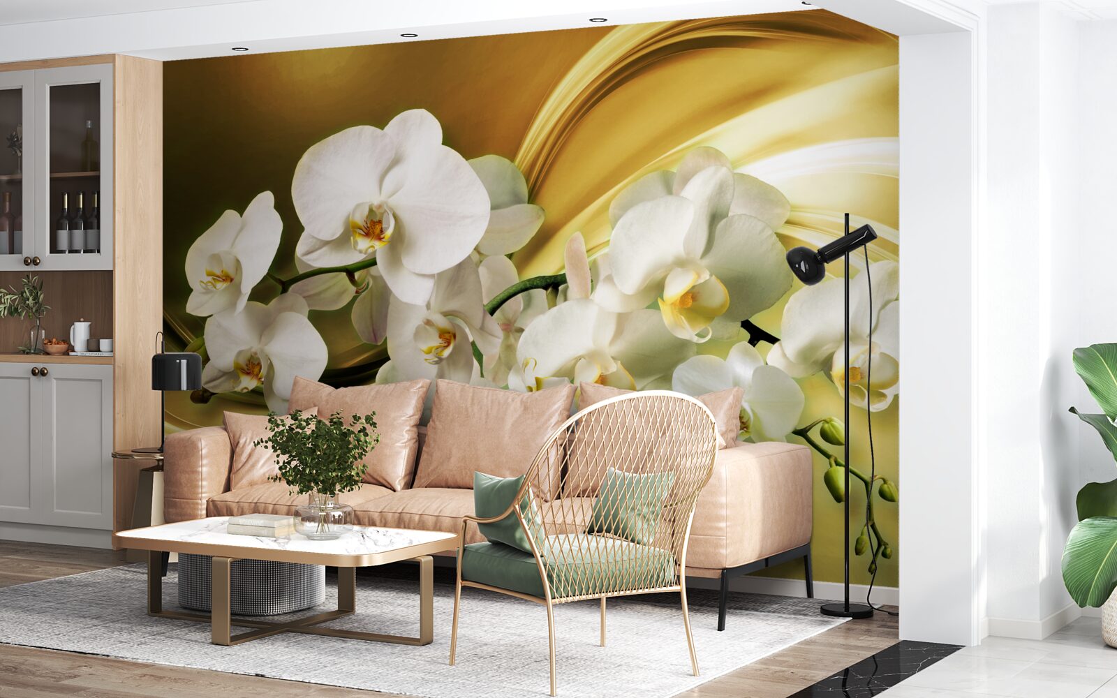 Papier peint Orchidées blanches comme neige, luxueusement ouvertes sur un tissu de soie marron