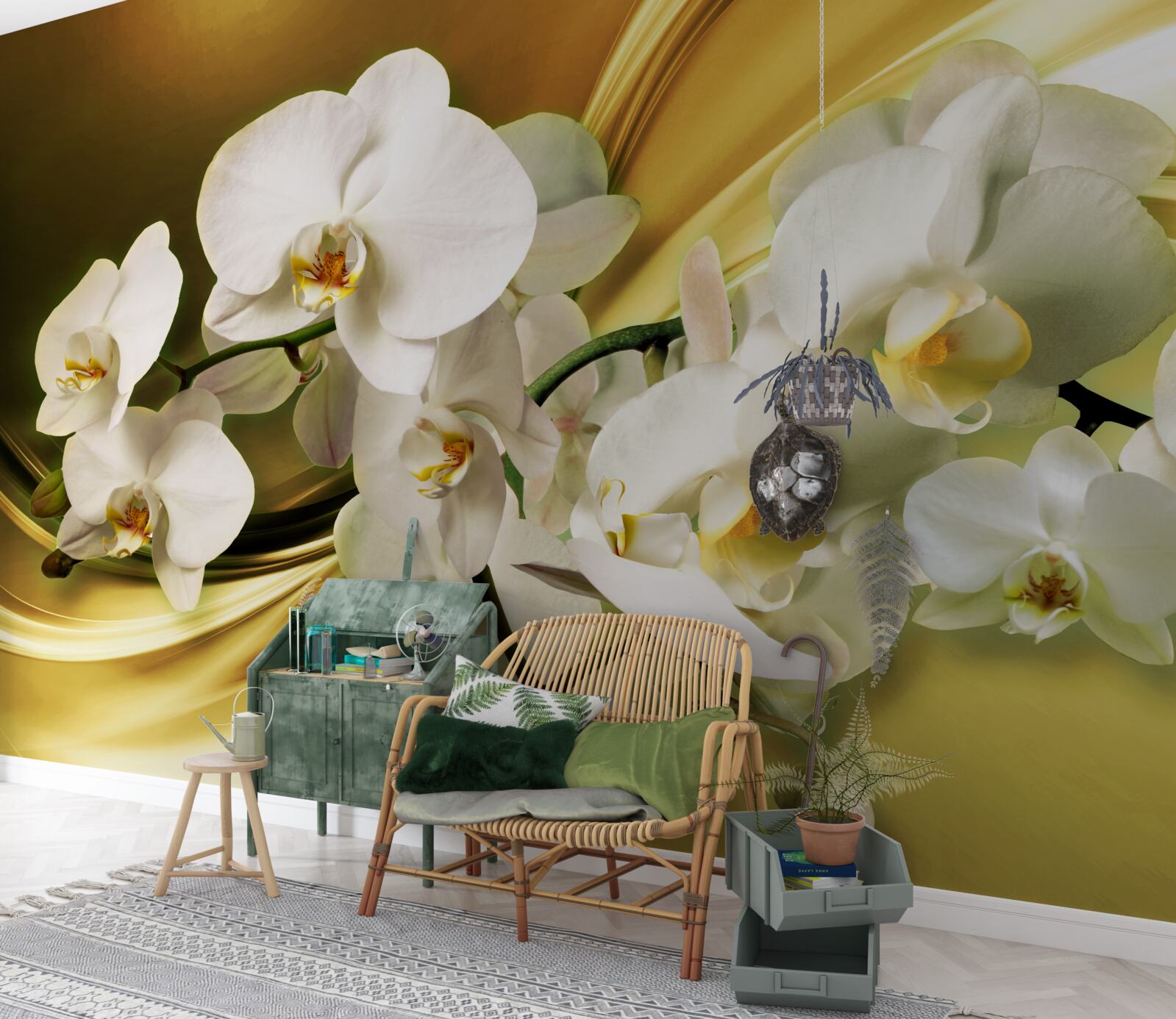 Papier peint Orchidées blanches comme neige, luxueusement ouvertes sur un tissu de soie marron
