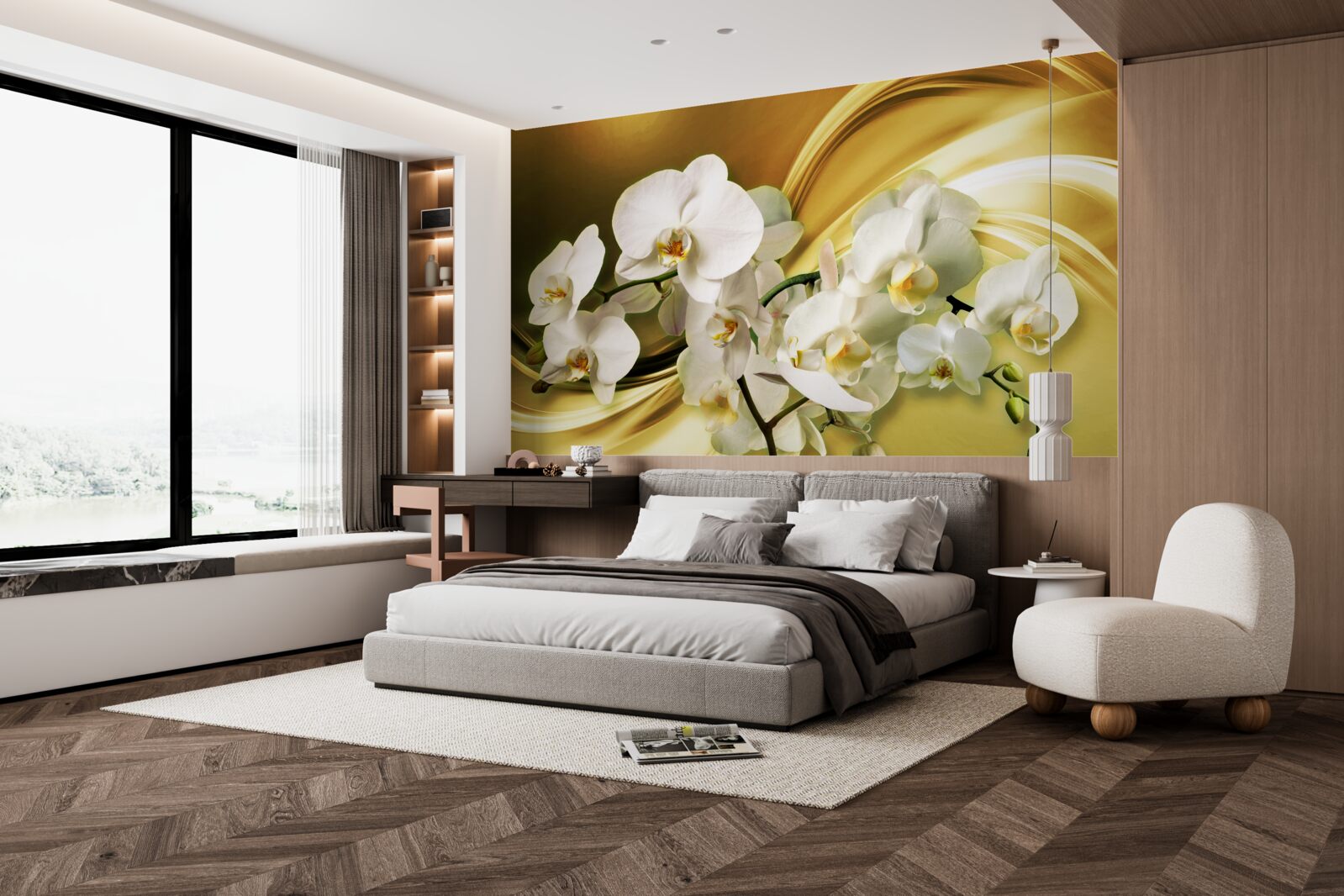 Papier peint Orchidées blanches comme neige, luxueusement ouvertes sur un tissu de soie marron