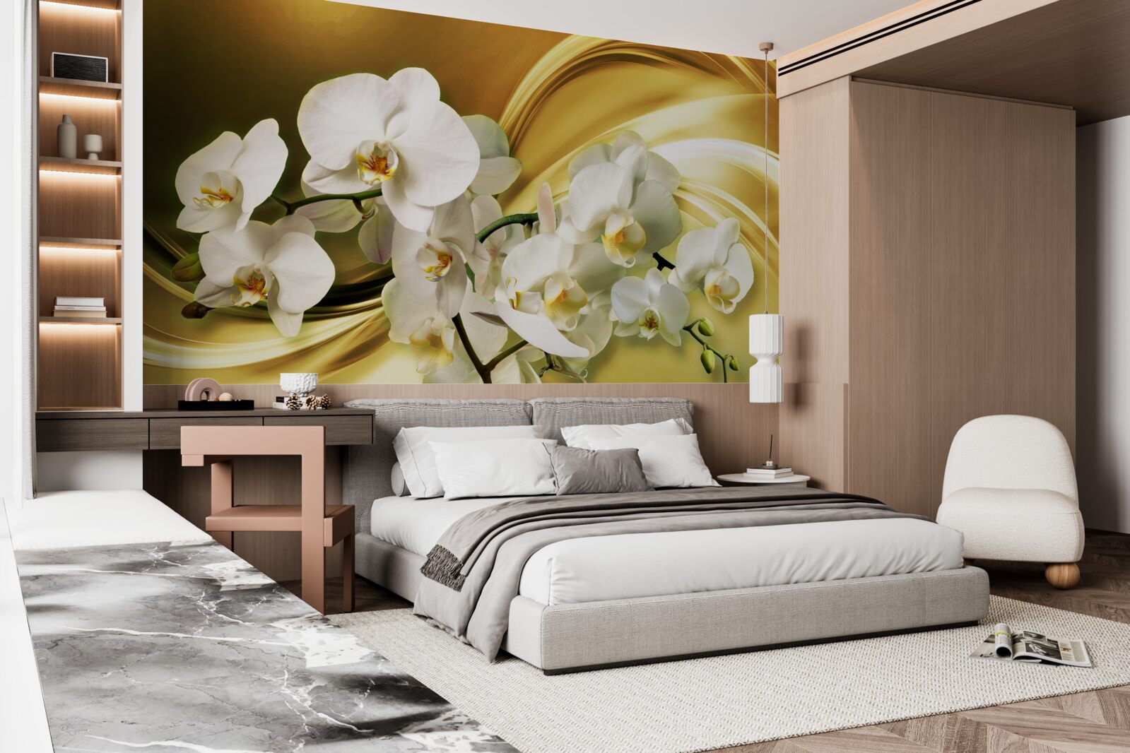 Papier peint Orchidées blanches comme neige, luxueusement ouvertes sur un tissu de soie marron