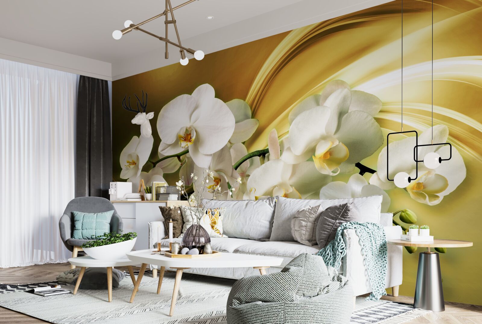 Papier peint Orchidées blanches comme neige, luxueusement ouvertes sur un tissu de soie marron