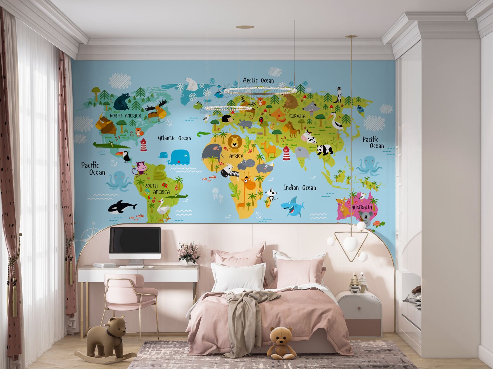 Papier peint Carte du monde pour enfants avec images d'animaux