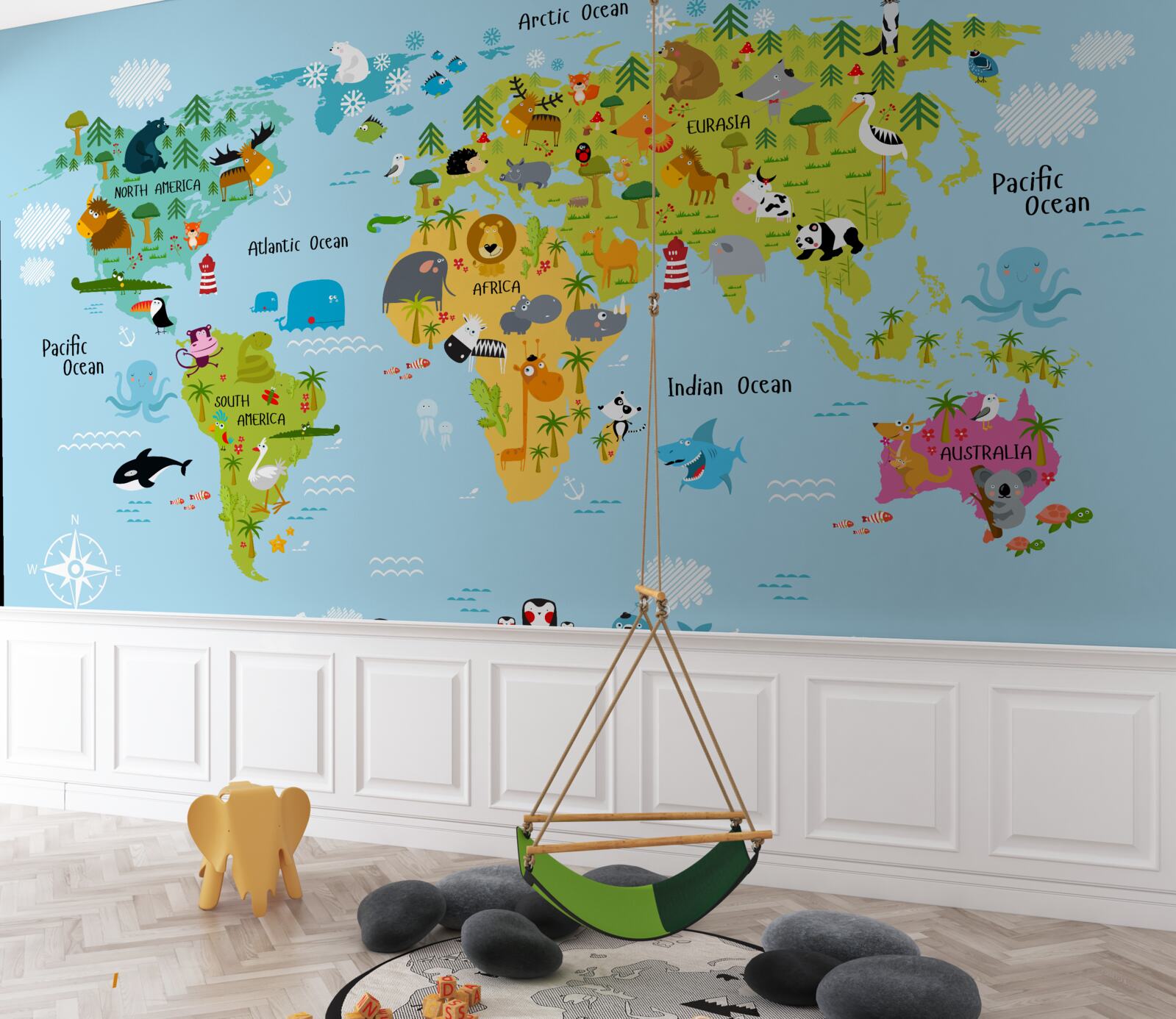 Papier peint Carte du monde pour enfants avec images d'animaux