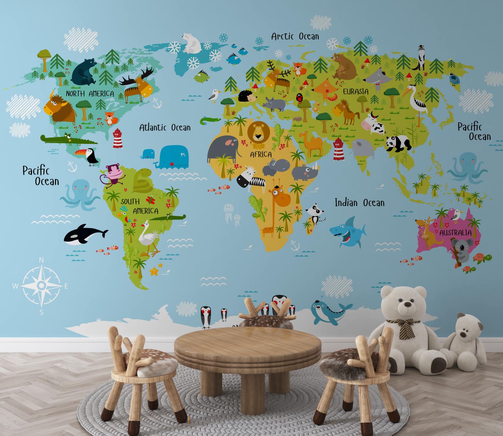 Papier peint Carte du monde pour enfants avec images d'animaux