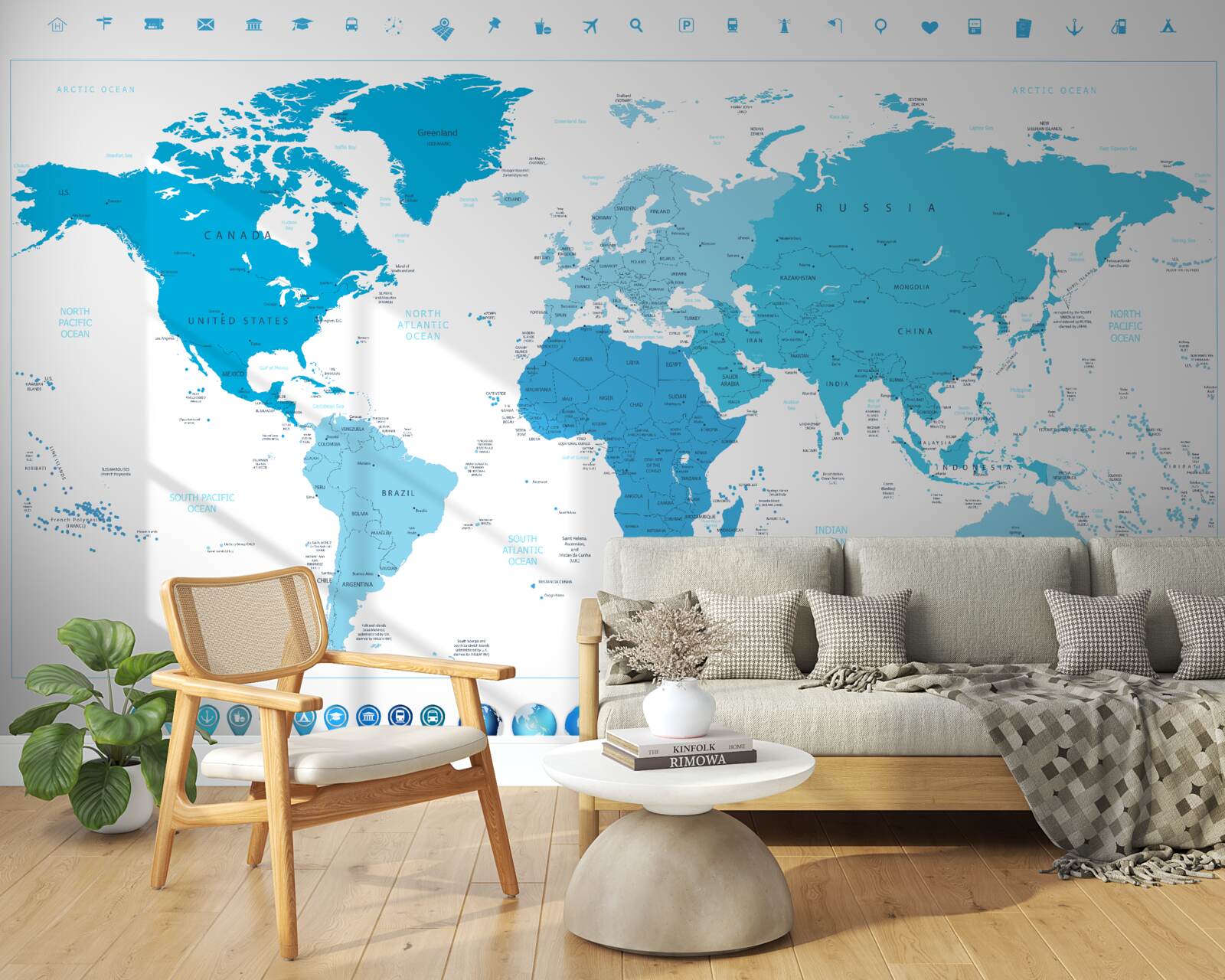 Papier peint ombre bleue sur la carte du monde