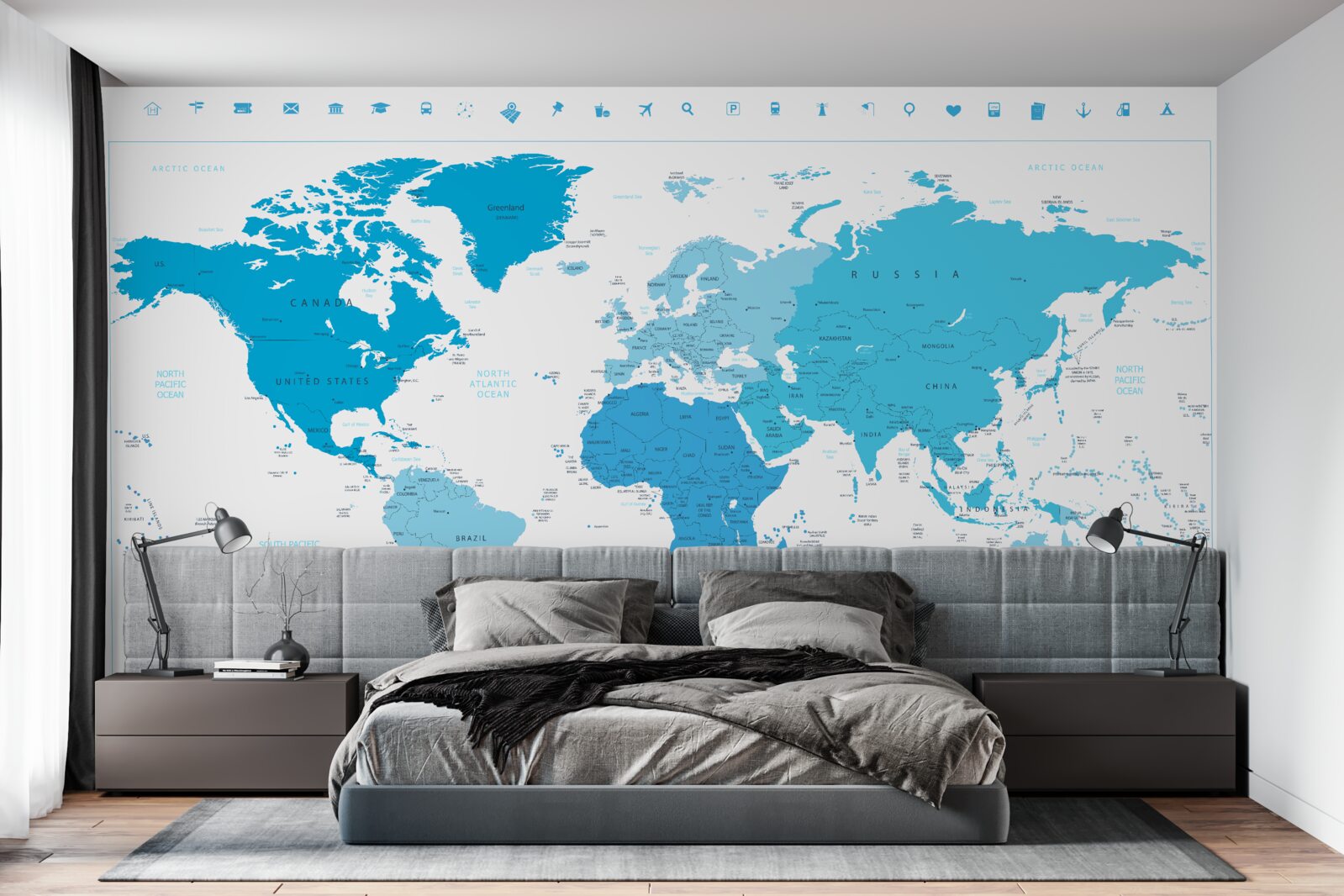Papier peint ombre bleue sur la carte du monde