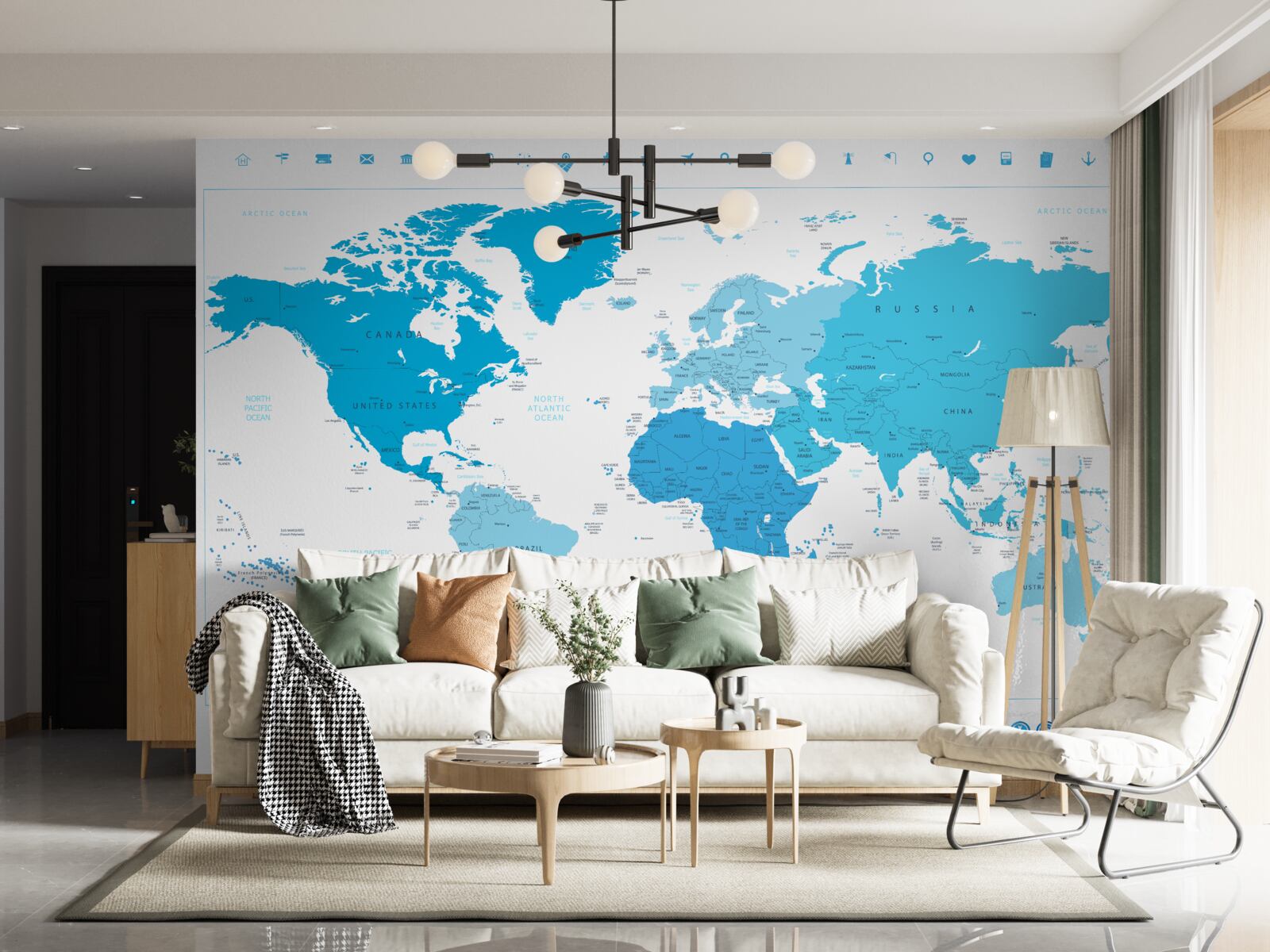 Papier peint ombre bleue sur la carte du monde