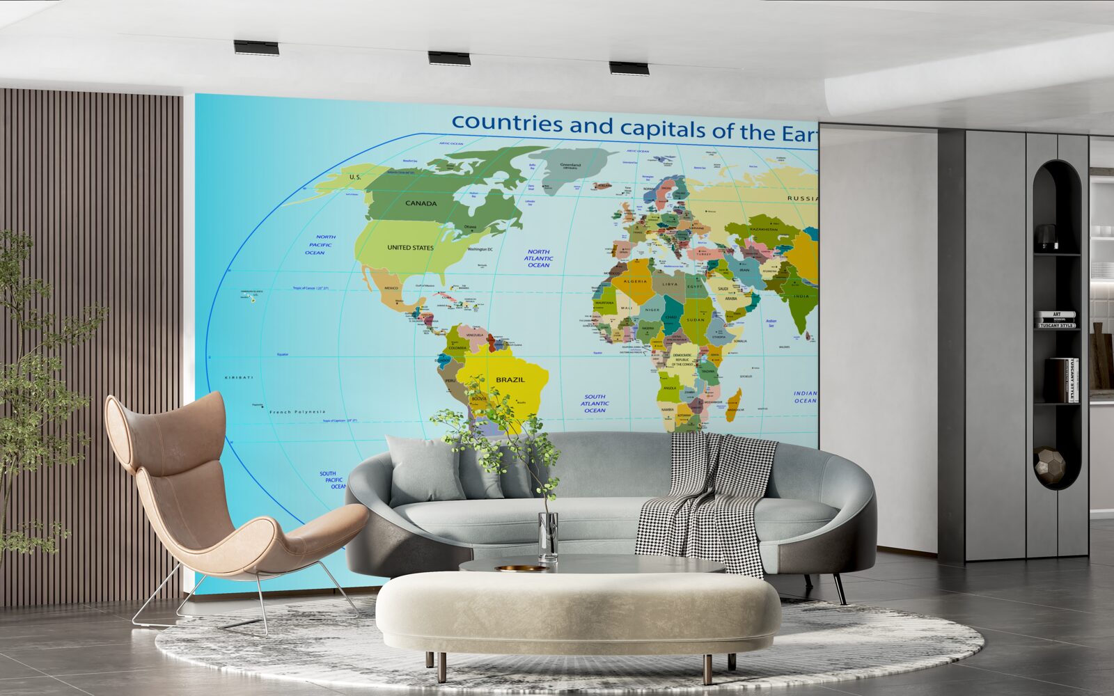 Papier peint carte du monde montrant les pays et leurs capitales