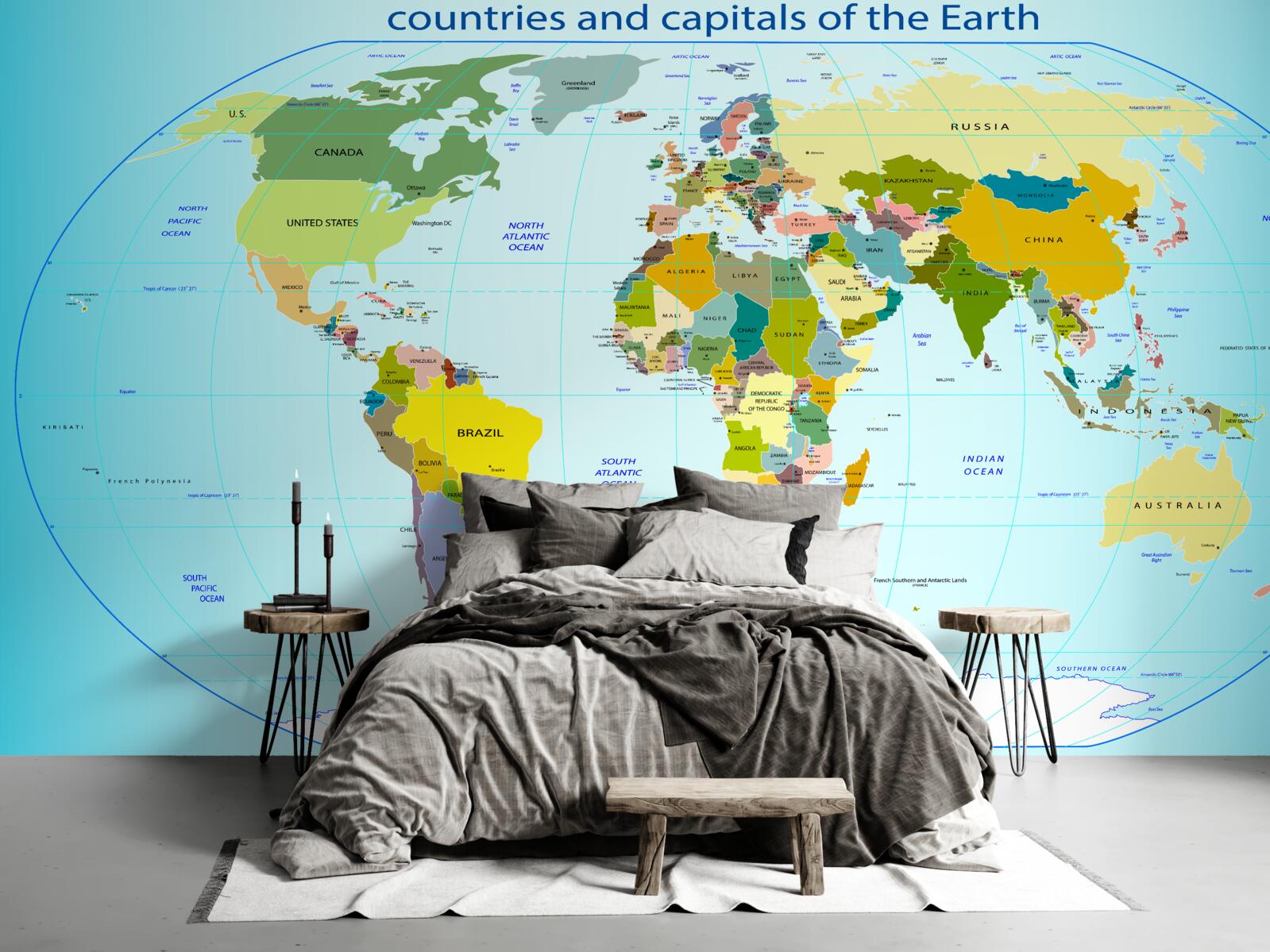 Papier peint carte du monde montrant les pays et leurs capitales