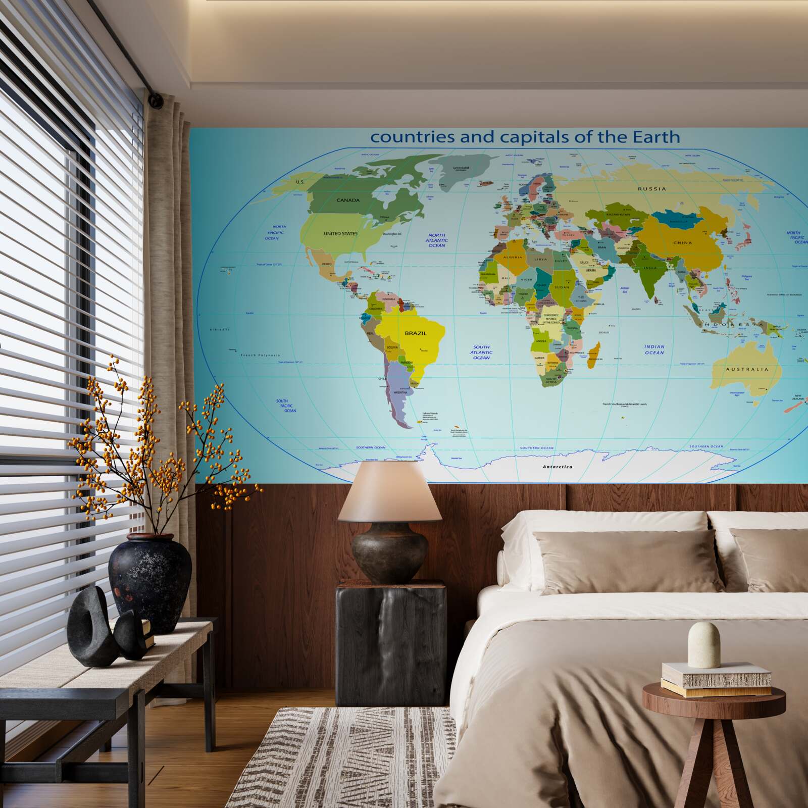 Papier peint carte du monde montrant les pays et leurs capitales