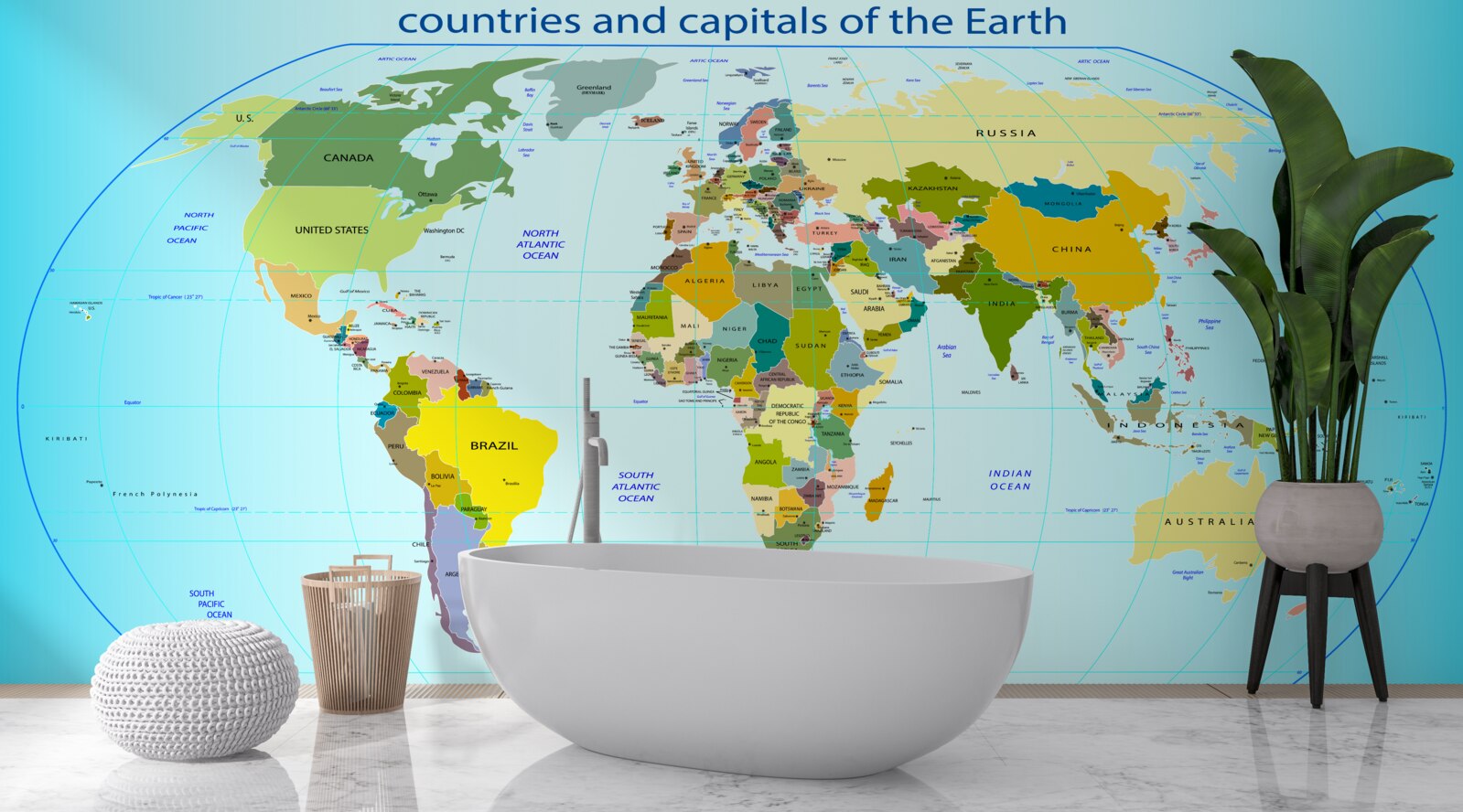 Papier peint carte du monde montrant les pays et leurs capitales