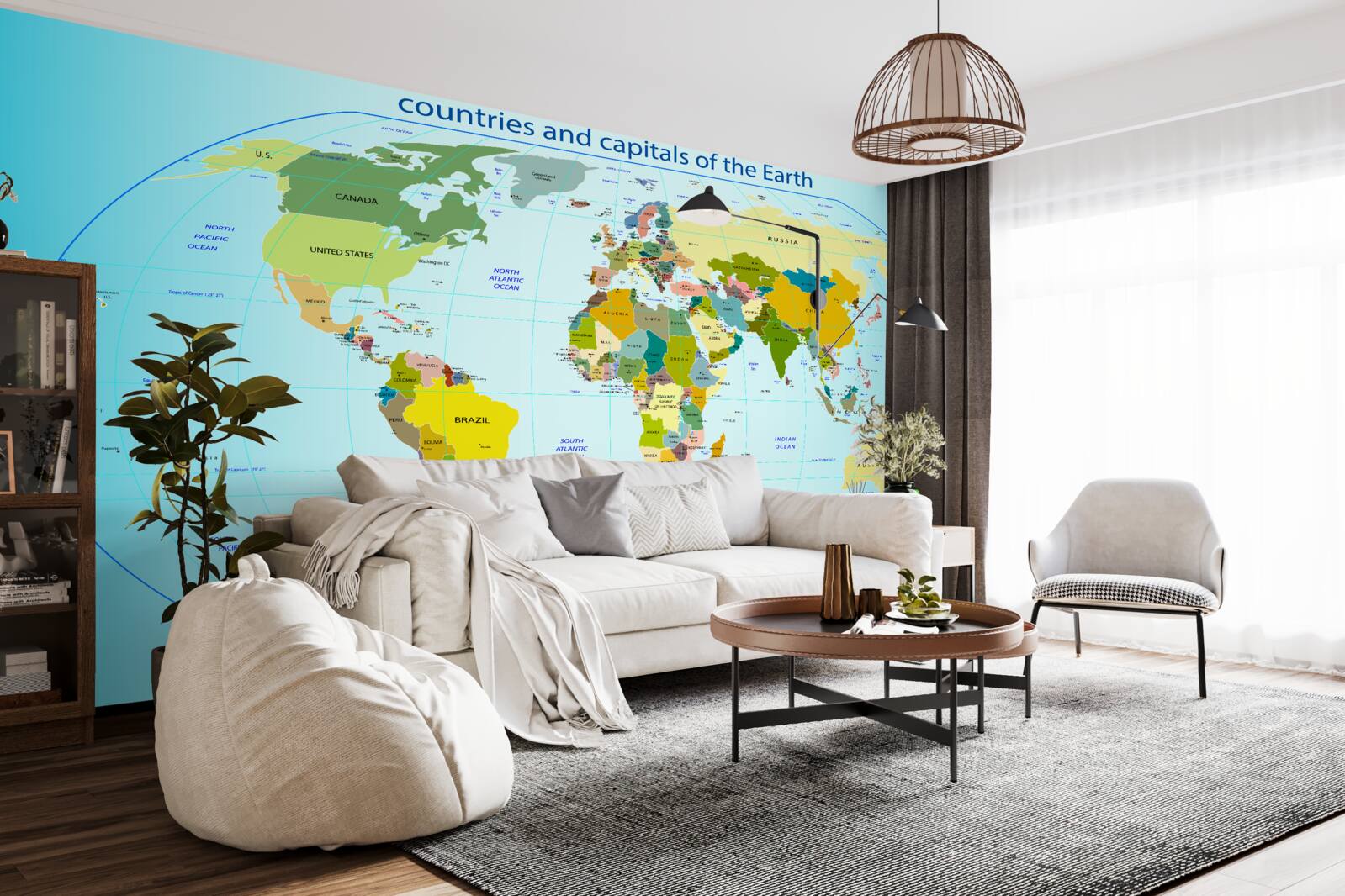 Papier peint carte du monde montrant les pays et leurs capitales