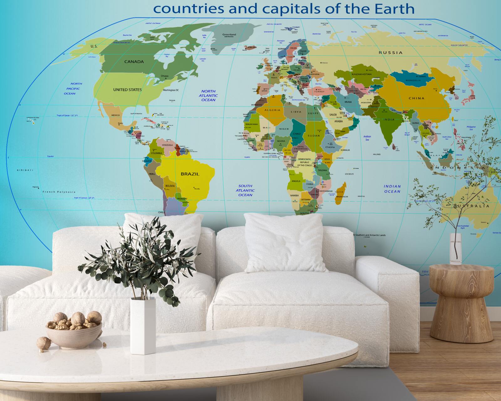 Papier peint carte du monde montrant les pays et leurs capitales