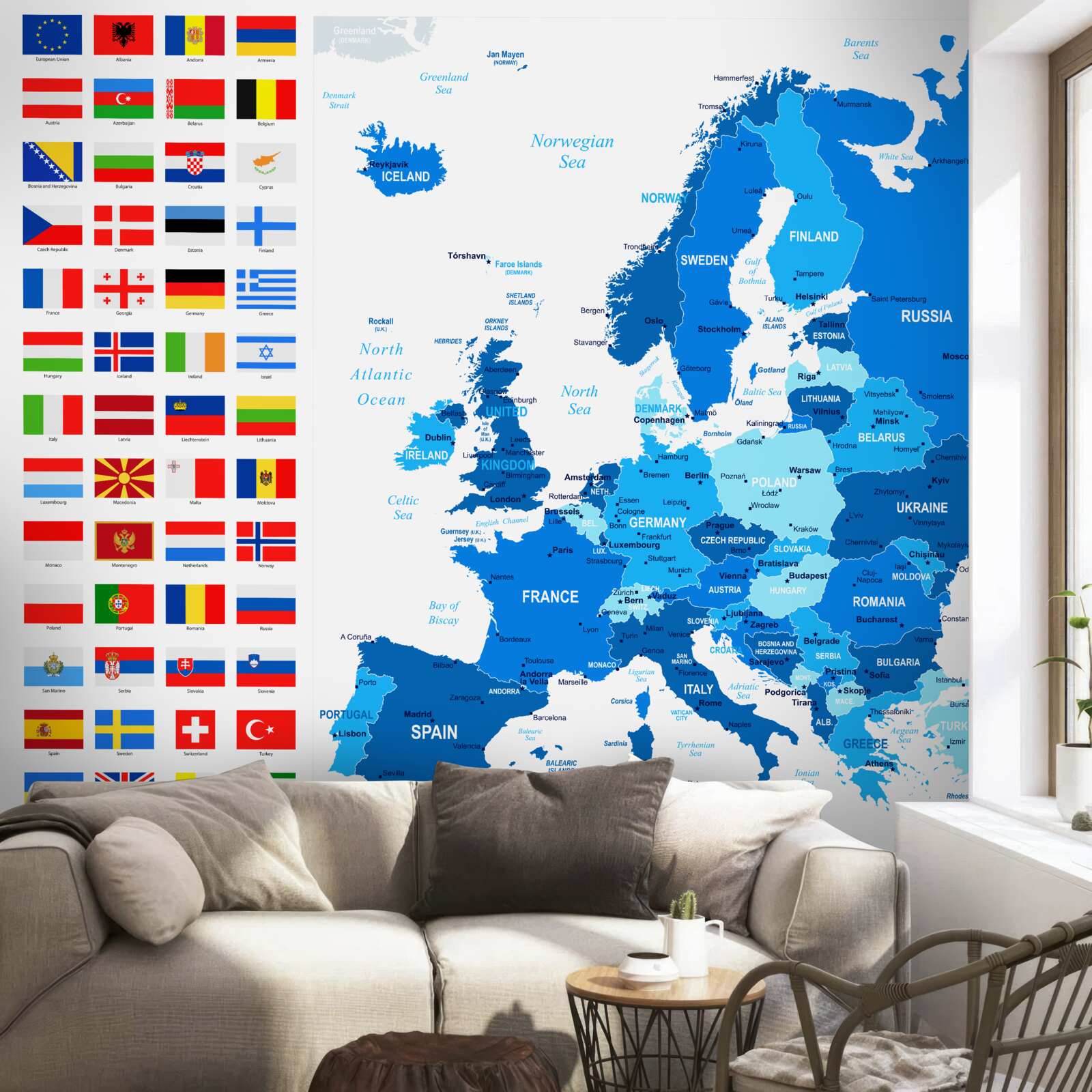 Papier peint carte de l'europe avec les drapeaux des pays