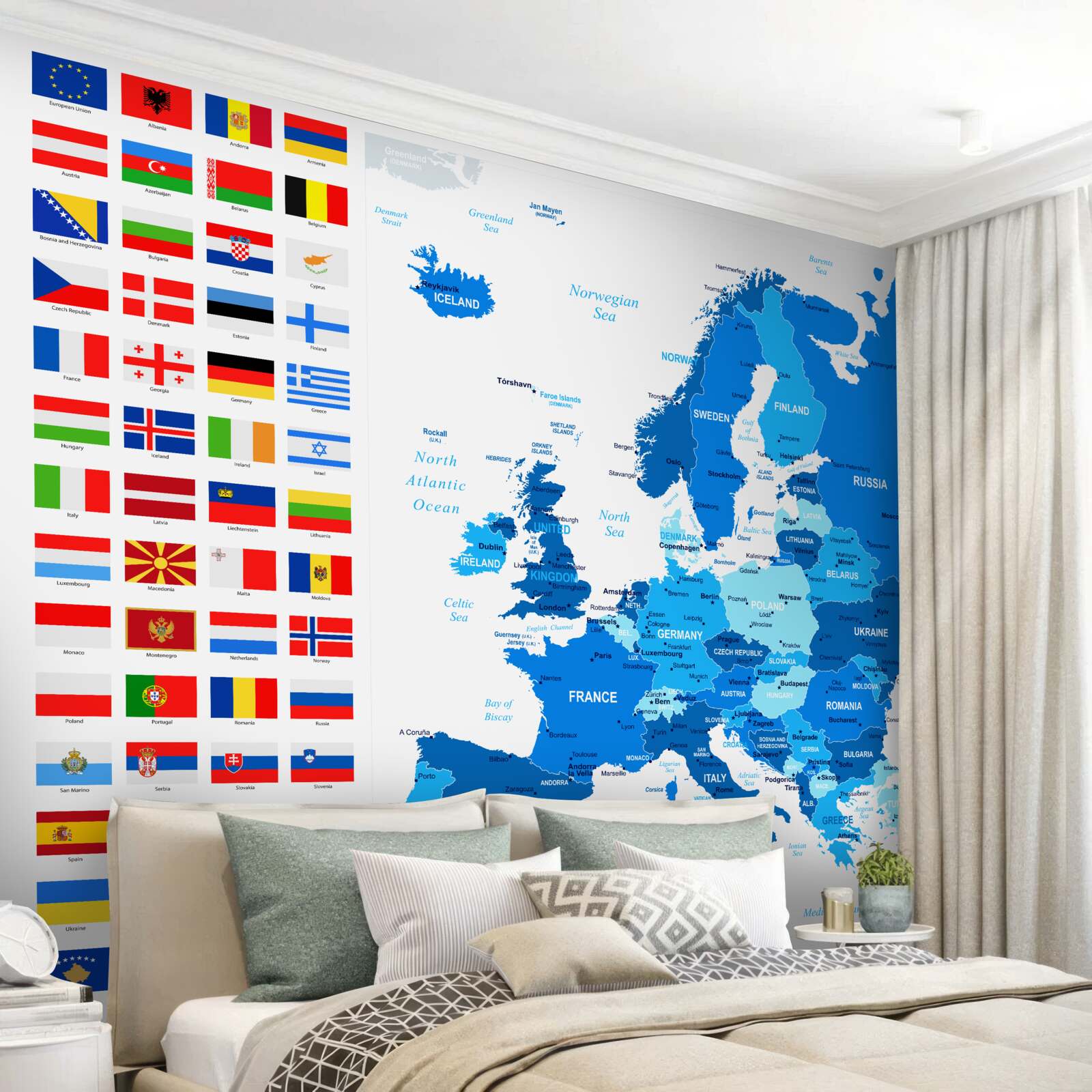 Papier peint carte de l'europe avec les drapeaux des pays