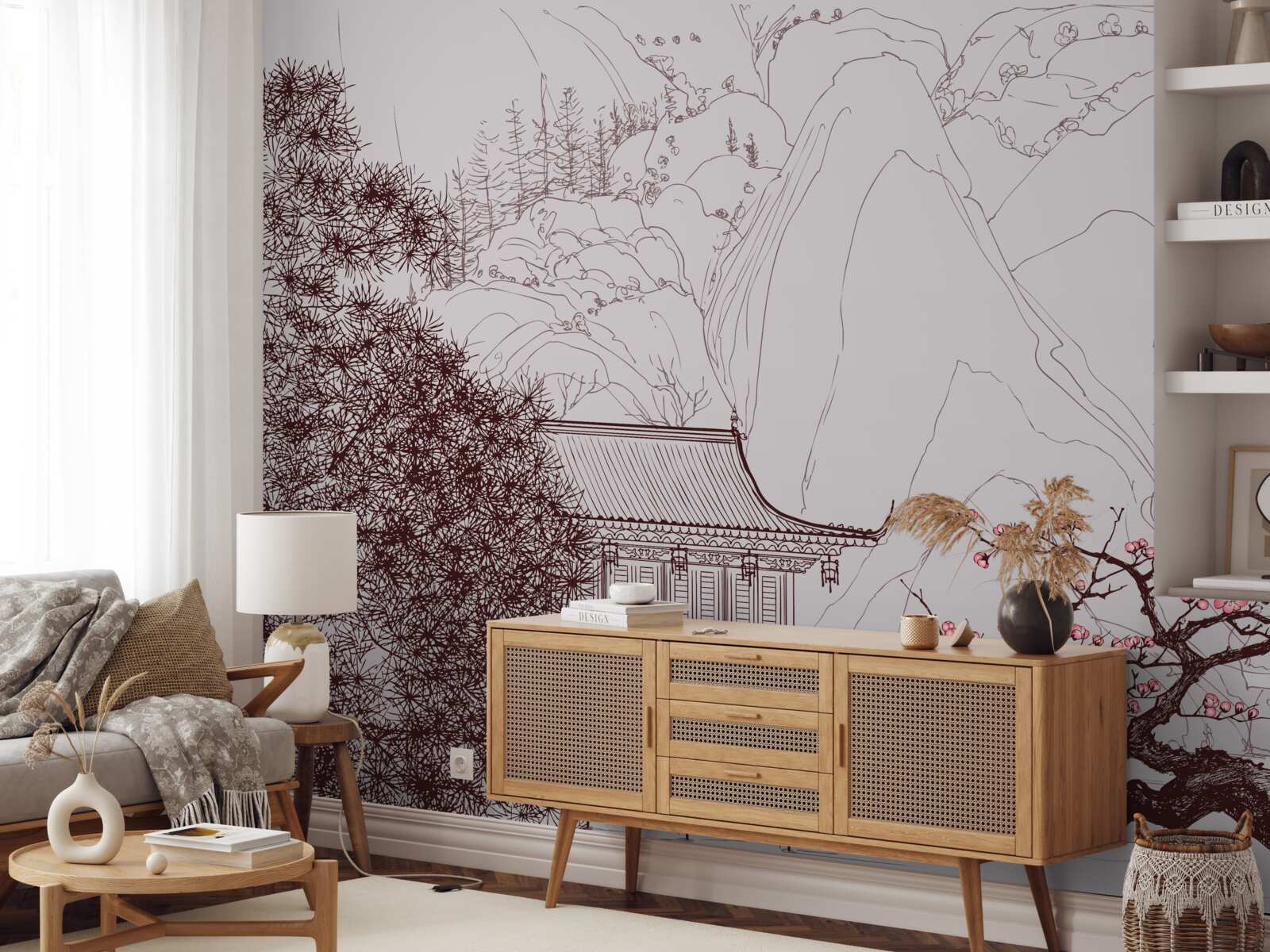 Papier peint Jardin de style japonais près d'une maison de campagne dans les montagnes