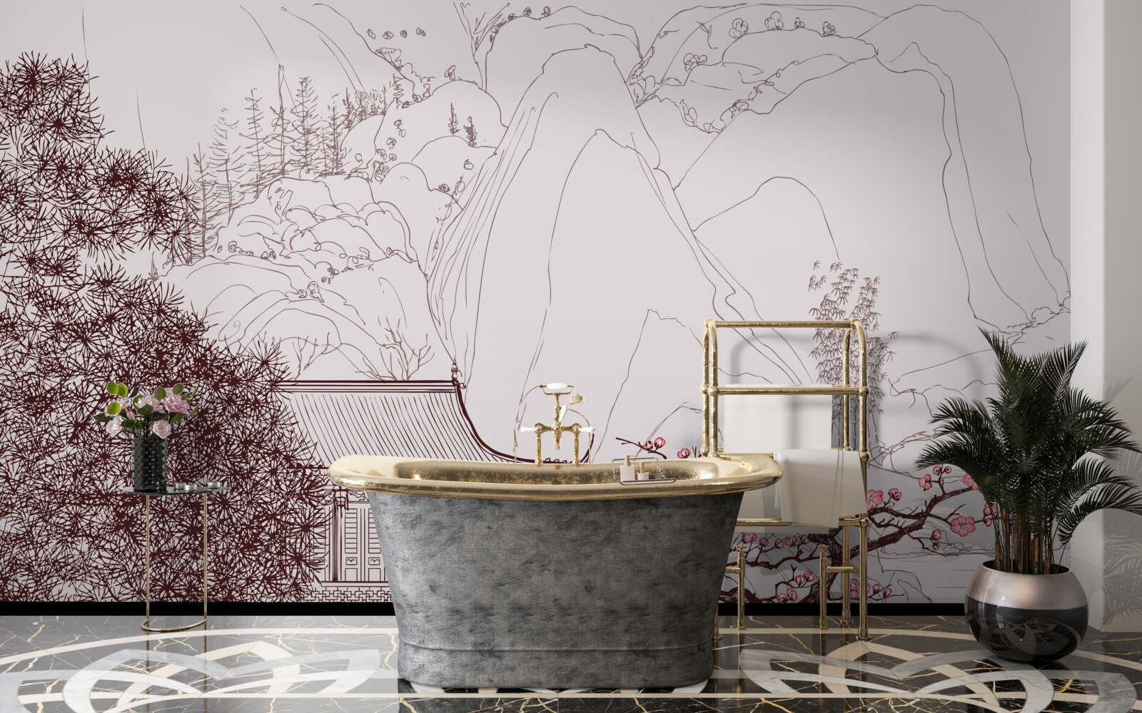 Papier peint Jardin de style japonais près d'une maison de campagne dans les montagnes