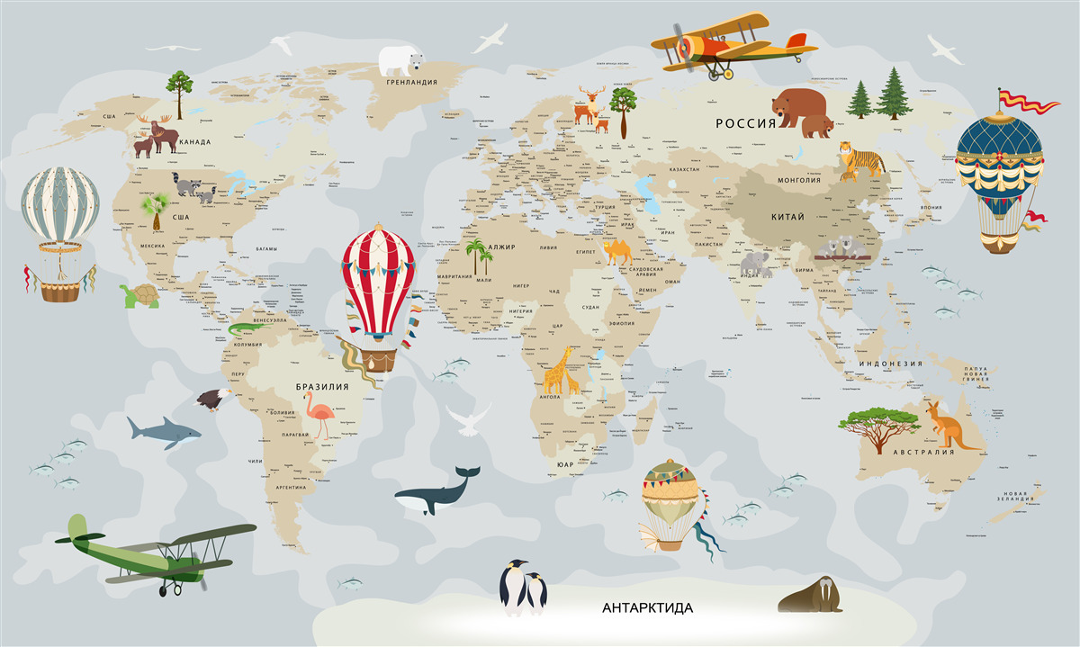 Papier peint carte du monde montrant des animaux et des véhicules