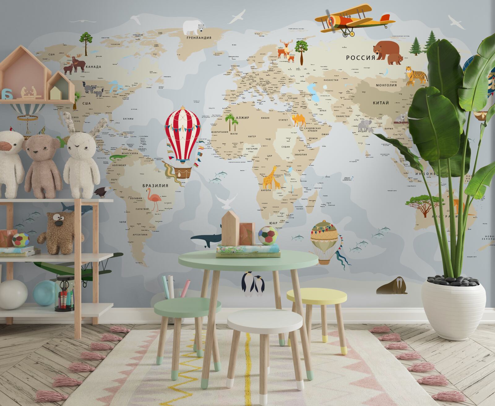 Papier peint carte du monde montrant des animaux et des véhicules