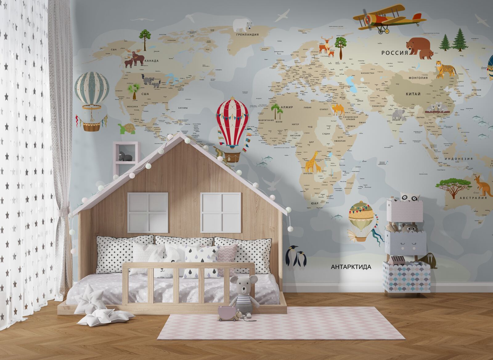 Papier peint carte du monde montrant des animaux et des véhicules