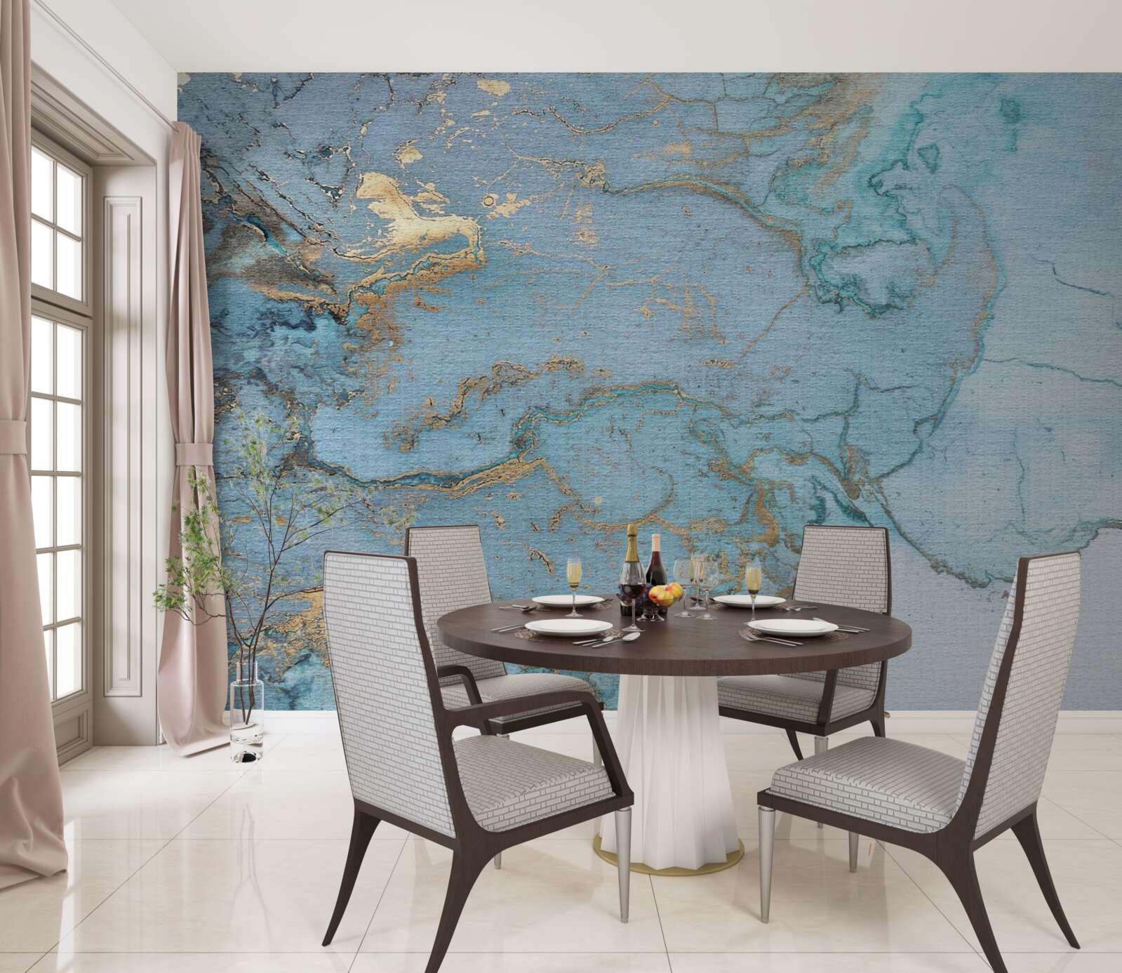 Papier peint marbre bleu avec velours doré