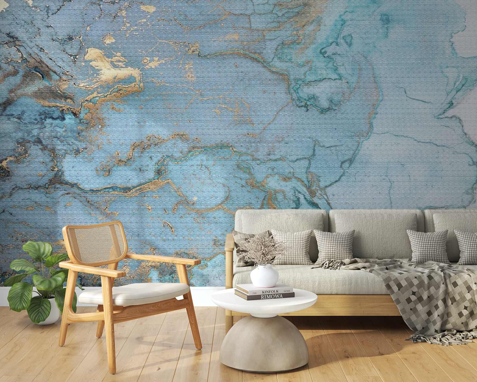 Papier peint marbre bleu avec velours doré