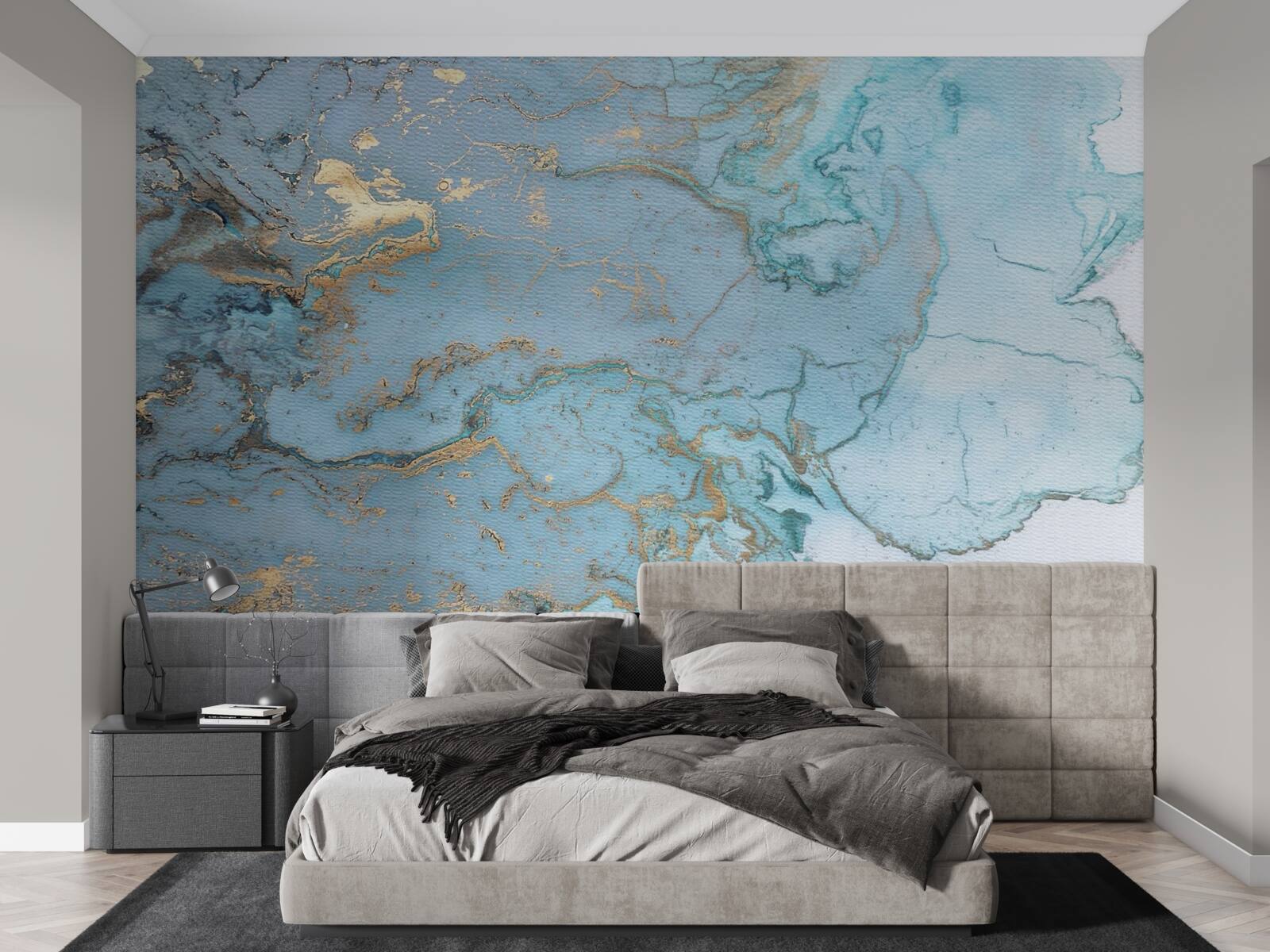 Papier peint marbre bleu avec velours doré