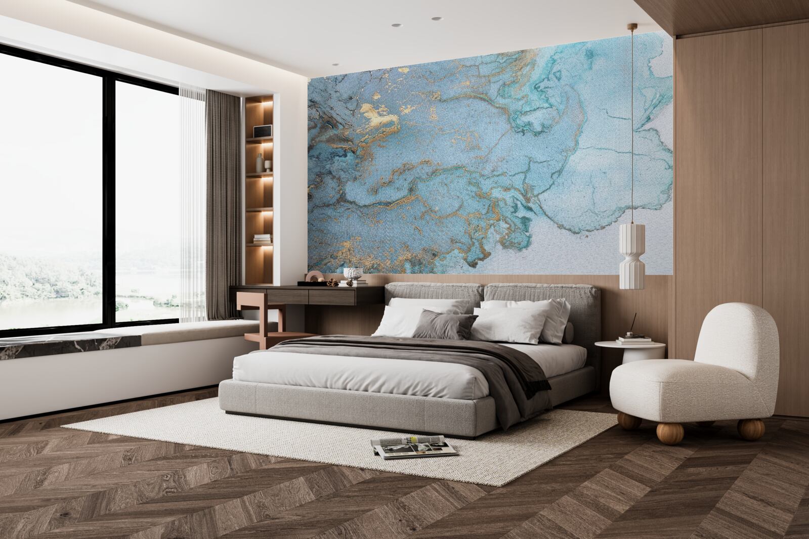 Papier peint marbre bleu avec velours doré