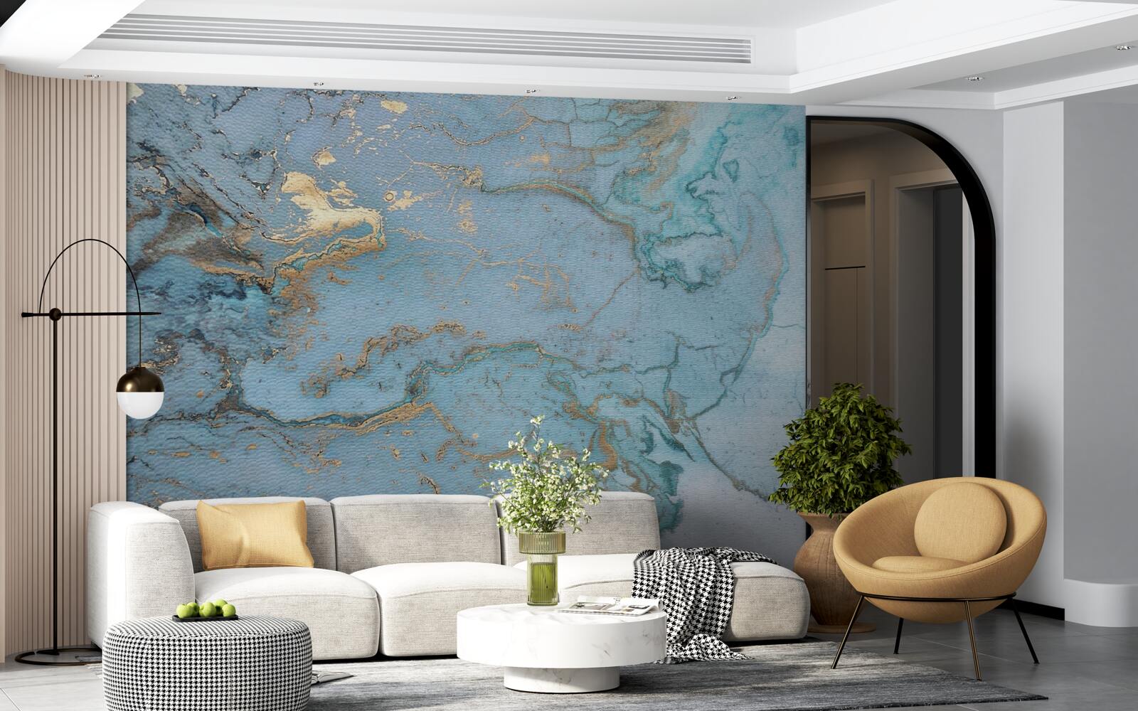 Papier peint marbre bleu avec velours doré