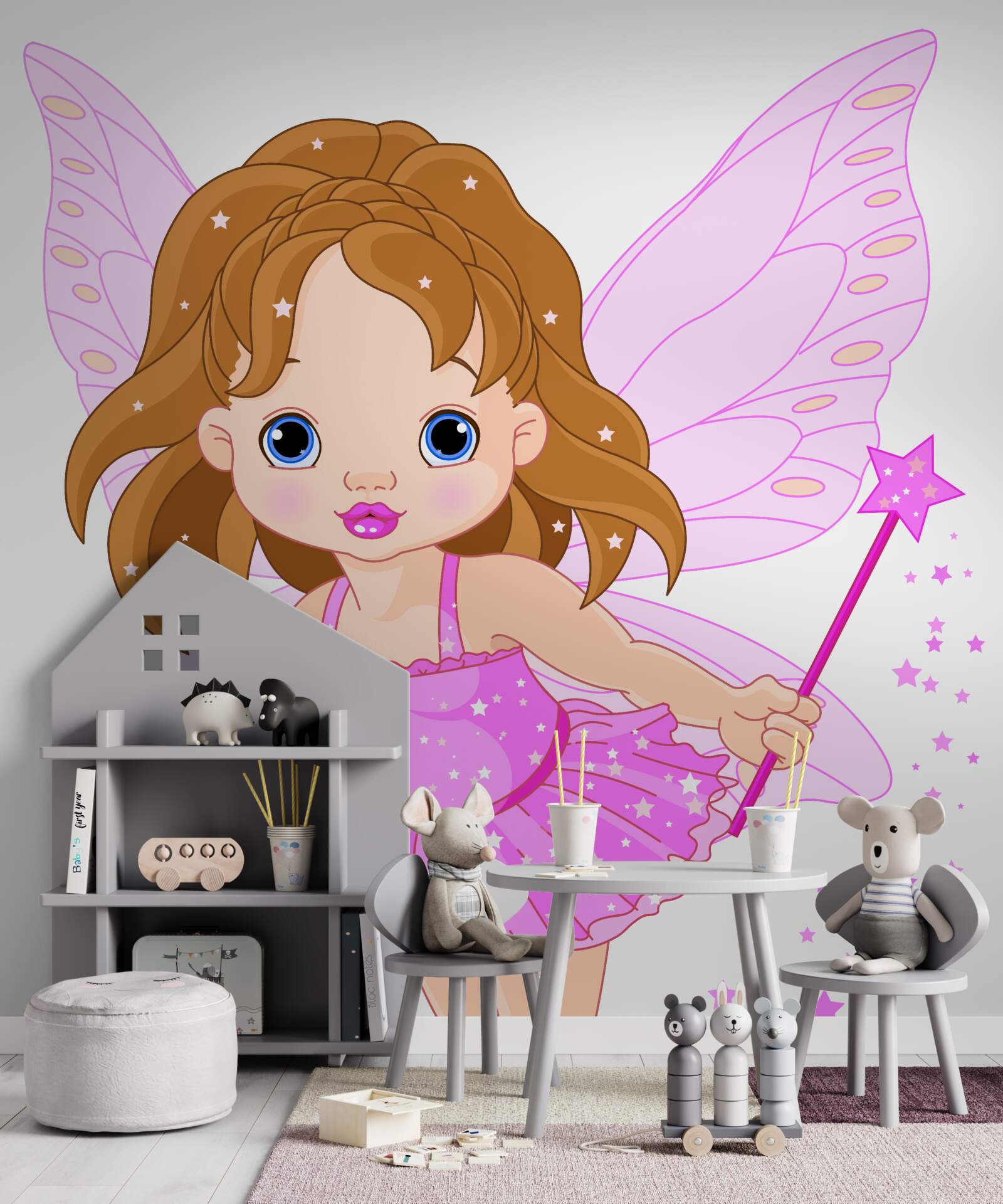 Papier peint fille aux cheveux rouges et aux ailes roses