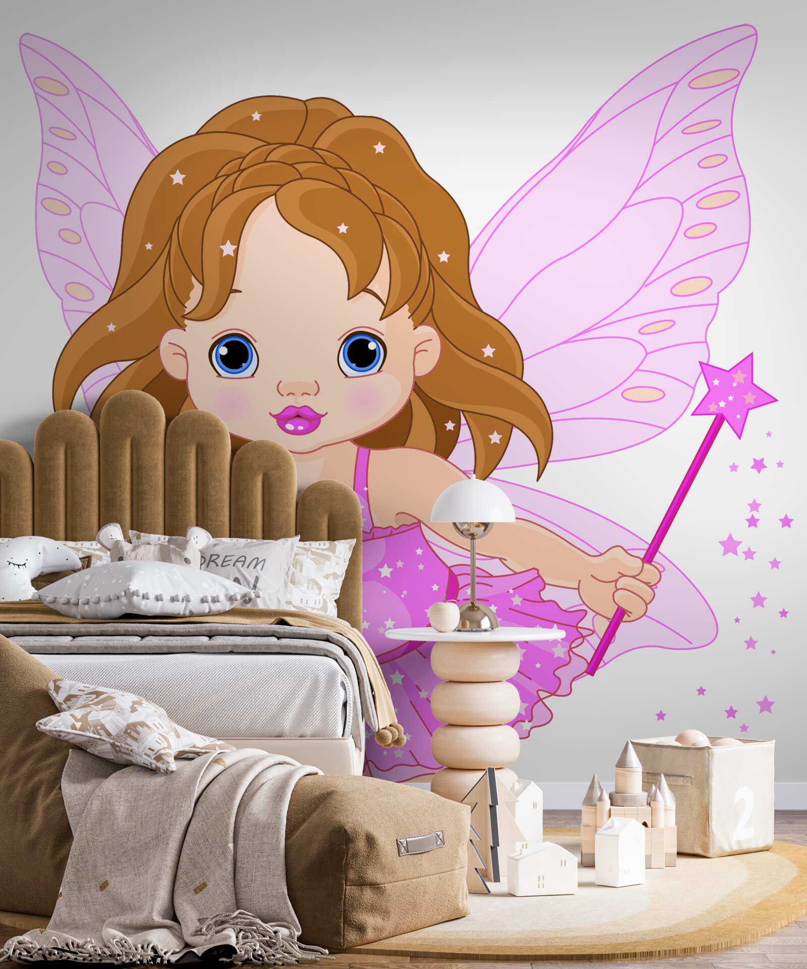 Papier peint fille aux cheveux rouges et aux ailes roses