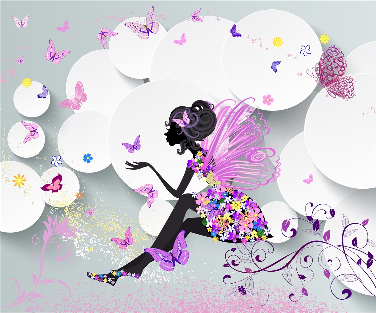 Papier peint fille représentée dans une robe à fleurs