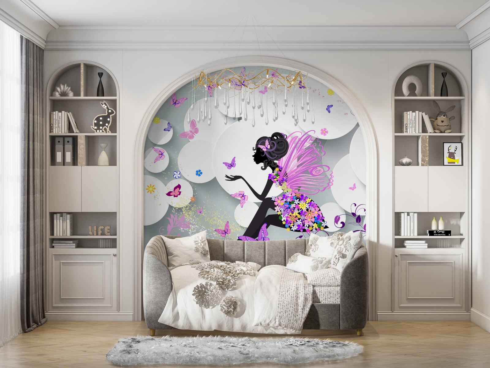 Papier peint fille représentée dans une robe à fleurs