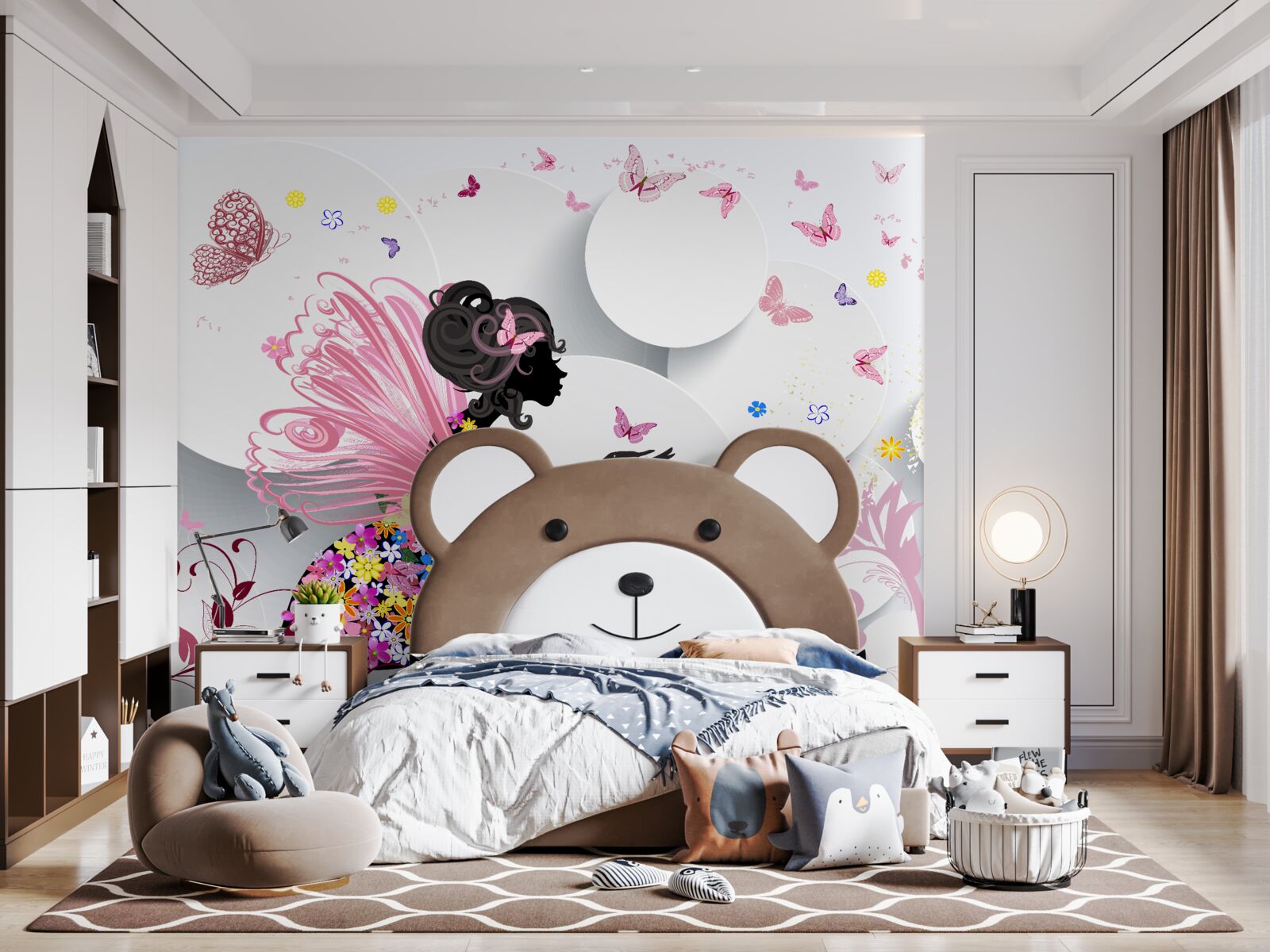Papier peint fille avec des ailes, décorée de fleurs et de papillons