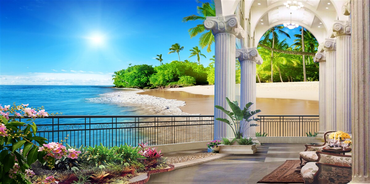 Papier peint vue panoramique sur l'océan et la plage depuis la terrasse