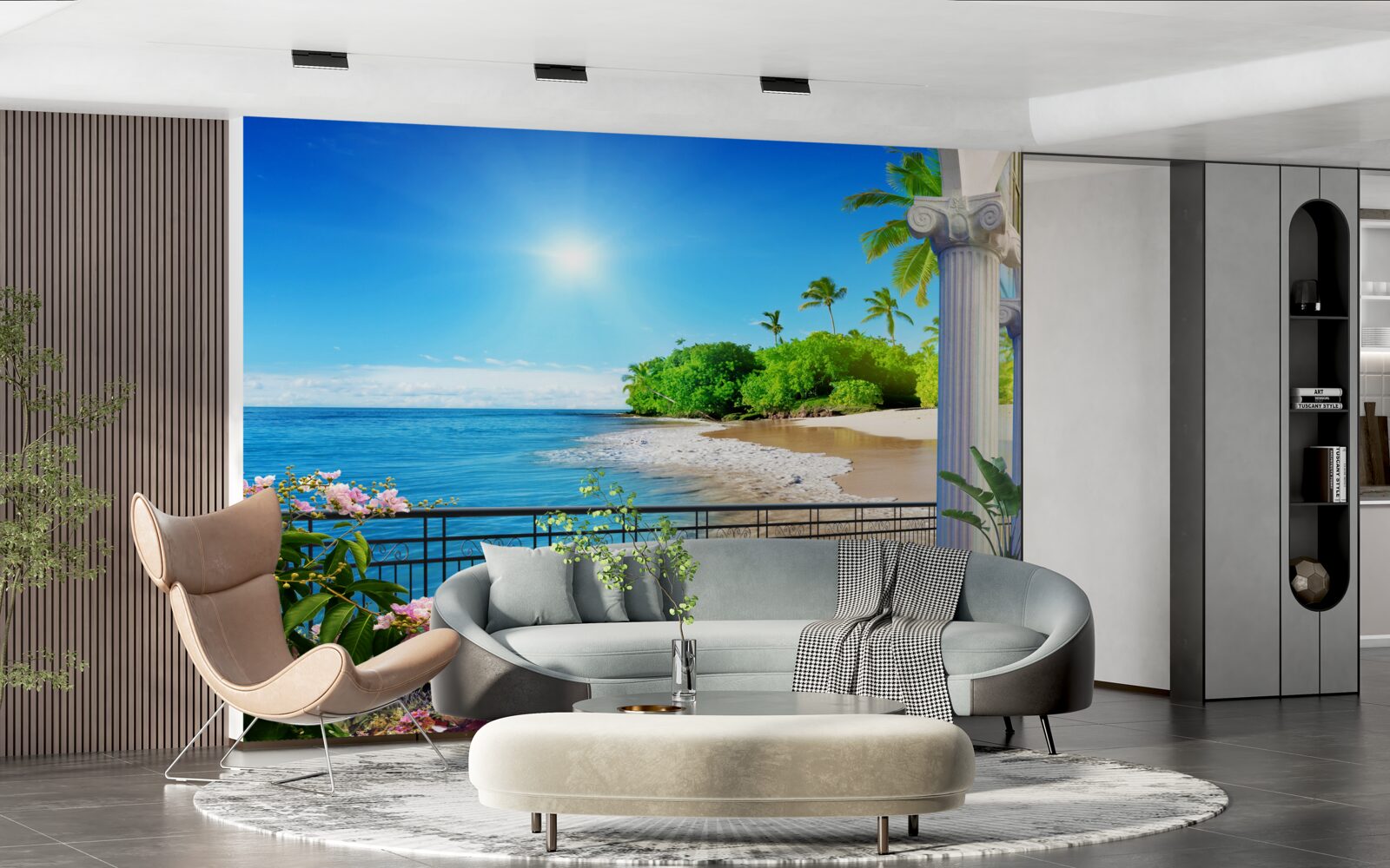 Papier peint vue panoramique sur l'océan et la plage depuis la terrasse