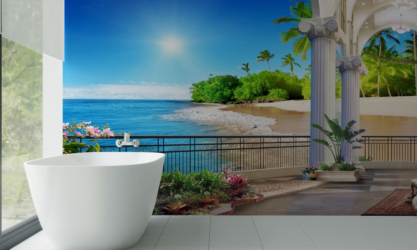 Papier peint vue panoramique sur l'océan et la plage depuis la terrasse