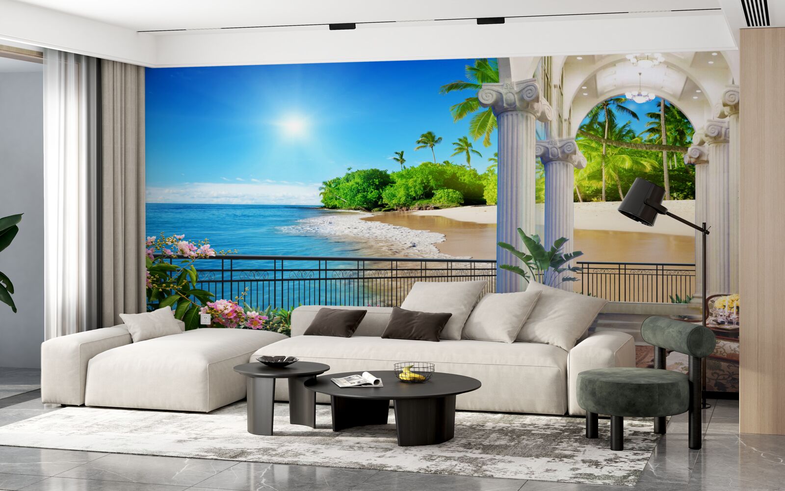 Papier peint vue panoramique sur l'océan et la plage depuis la terrasse