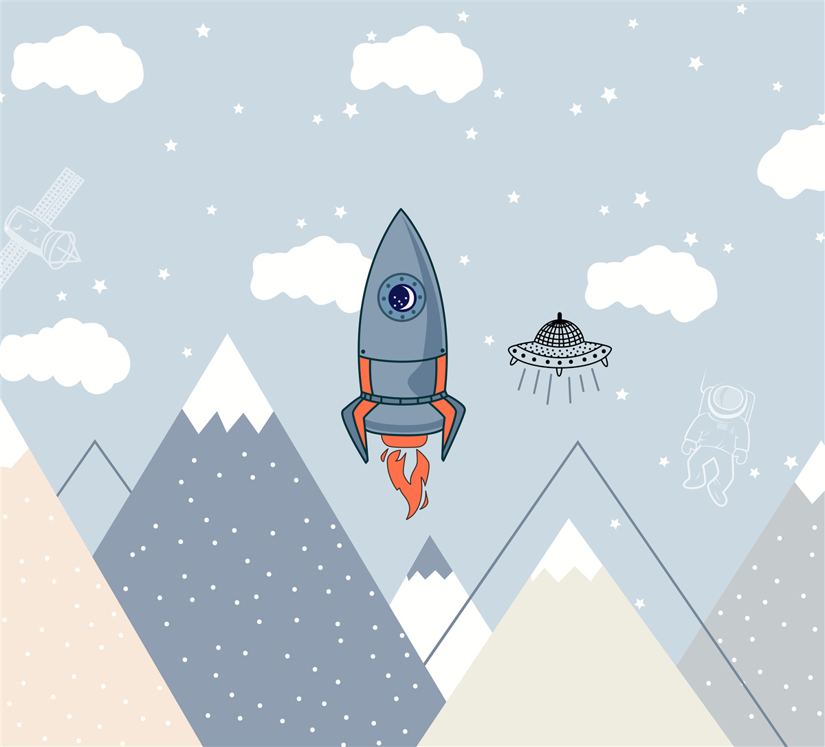 Papier peint une fusée et un ovni survolent les montagnes