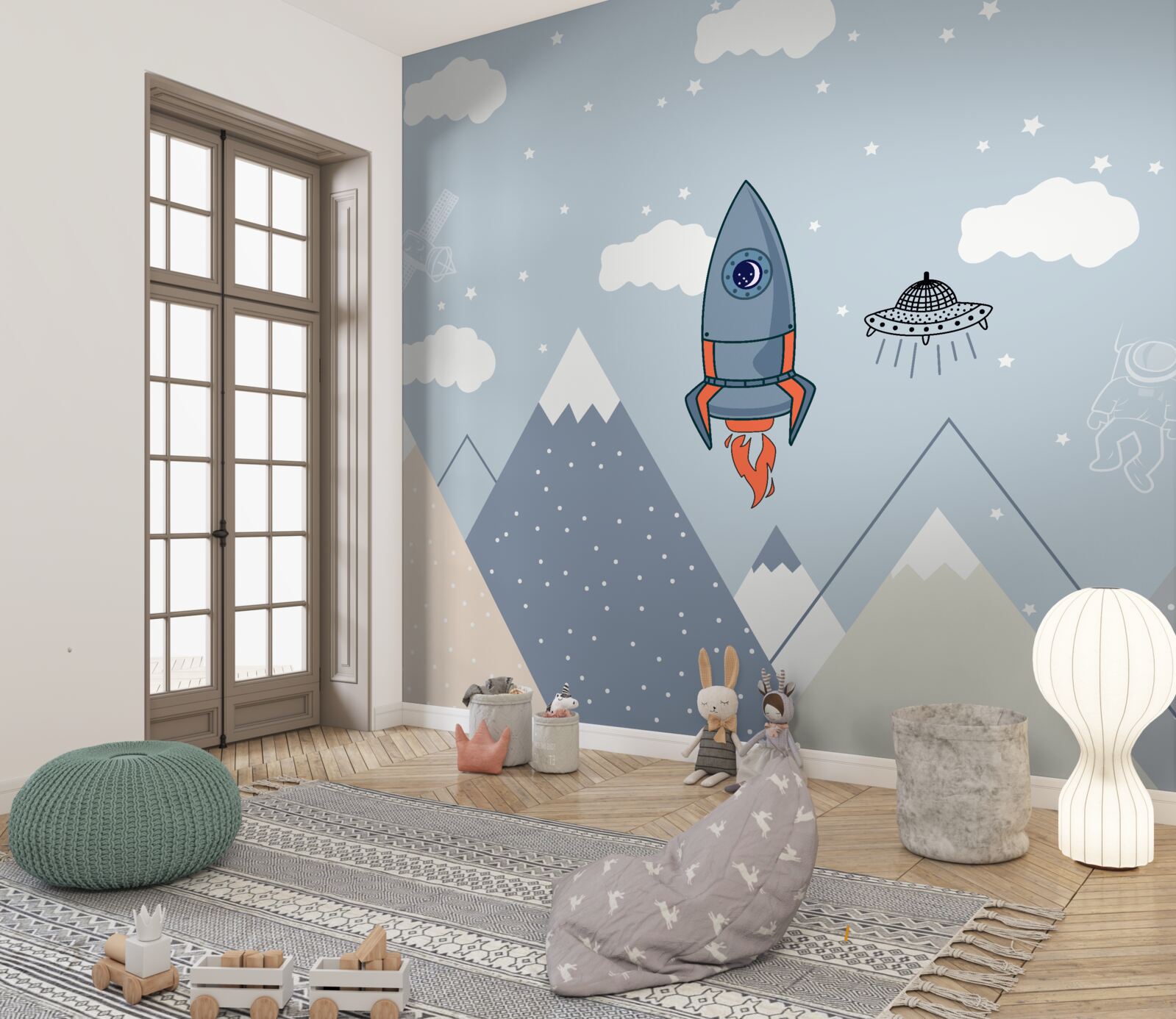 Papier peint une fusée et un ovni survolent les montagnes